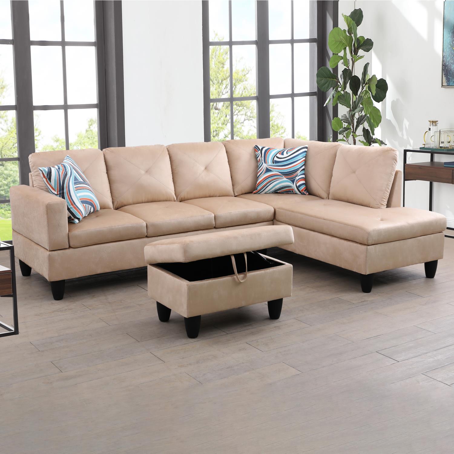 Conjunto de sofá seccional en forma de L de microfibra beige para sala de estar de Ainehome