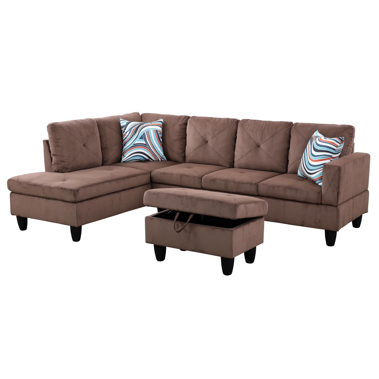 Ainehome Brown Corduroy L-Shaped Living Room Sectional Sofa Set