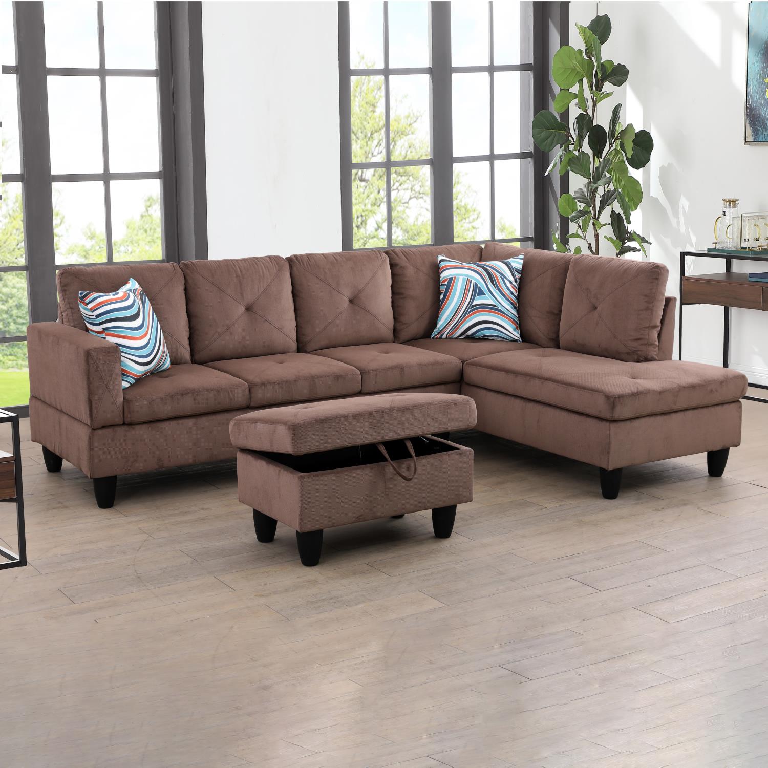 Conjunto de sofá seccional en forma de L de pana marrón de Ainehome para sala de estar