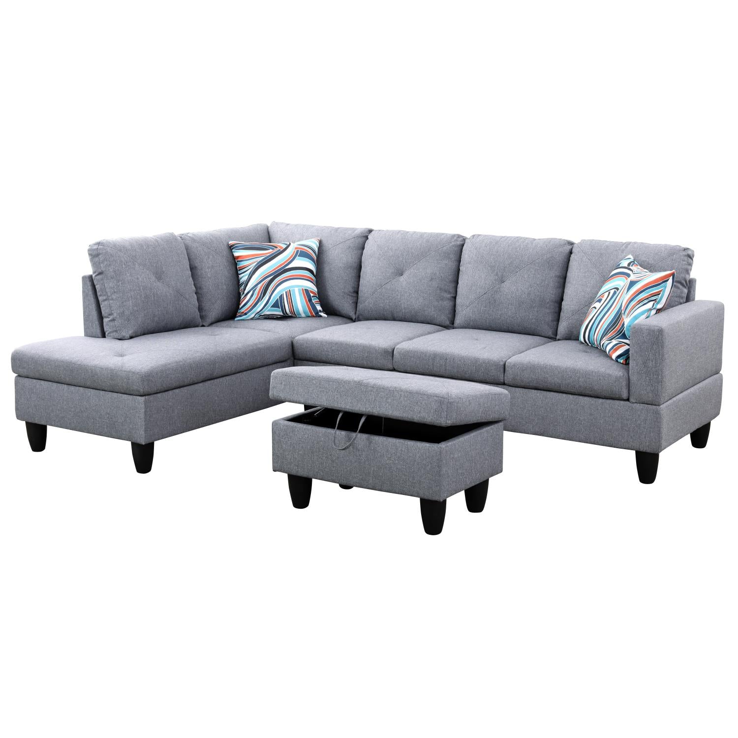 Ainehome Grey Linen L-Shaped Living Room Sectional Sofa Set