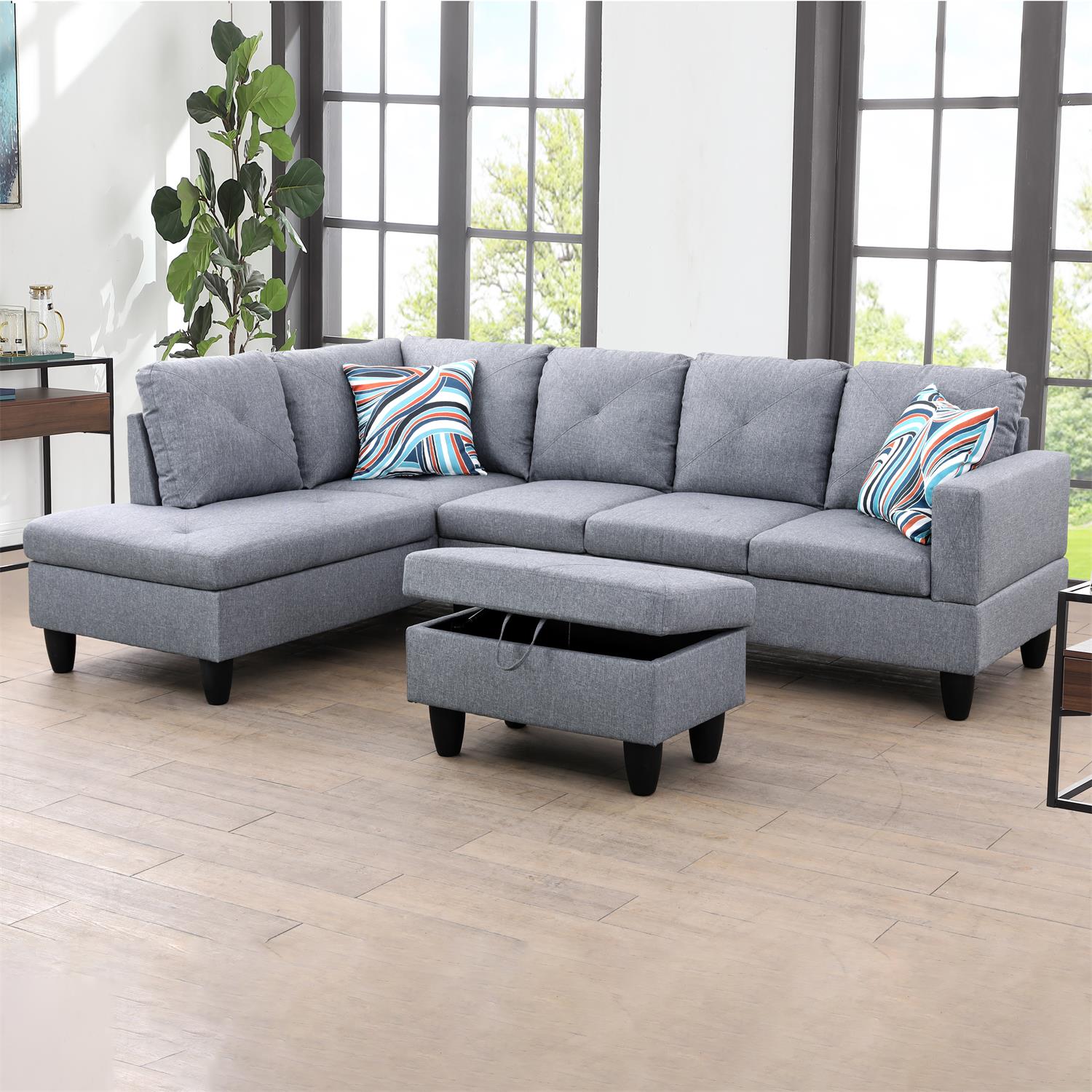 Ainehome Grey Linen L-Shaped Living Room Sectional Sofa Set