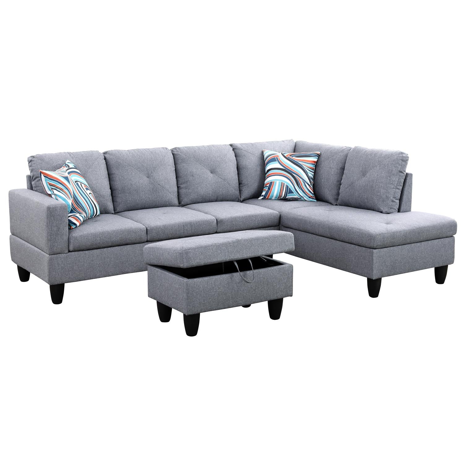 Ainehome Grey Linen L-Shaped Living Room Sectional Sofa Set