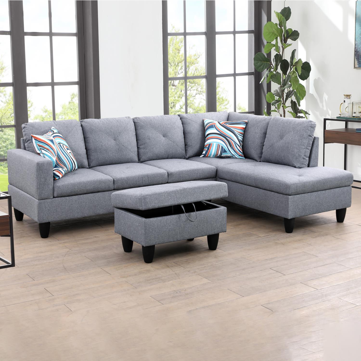 Ainehome Grey Linen L-Shaped Living Room Sectional Sofa Set
