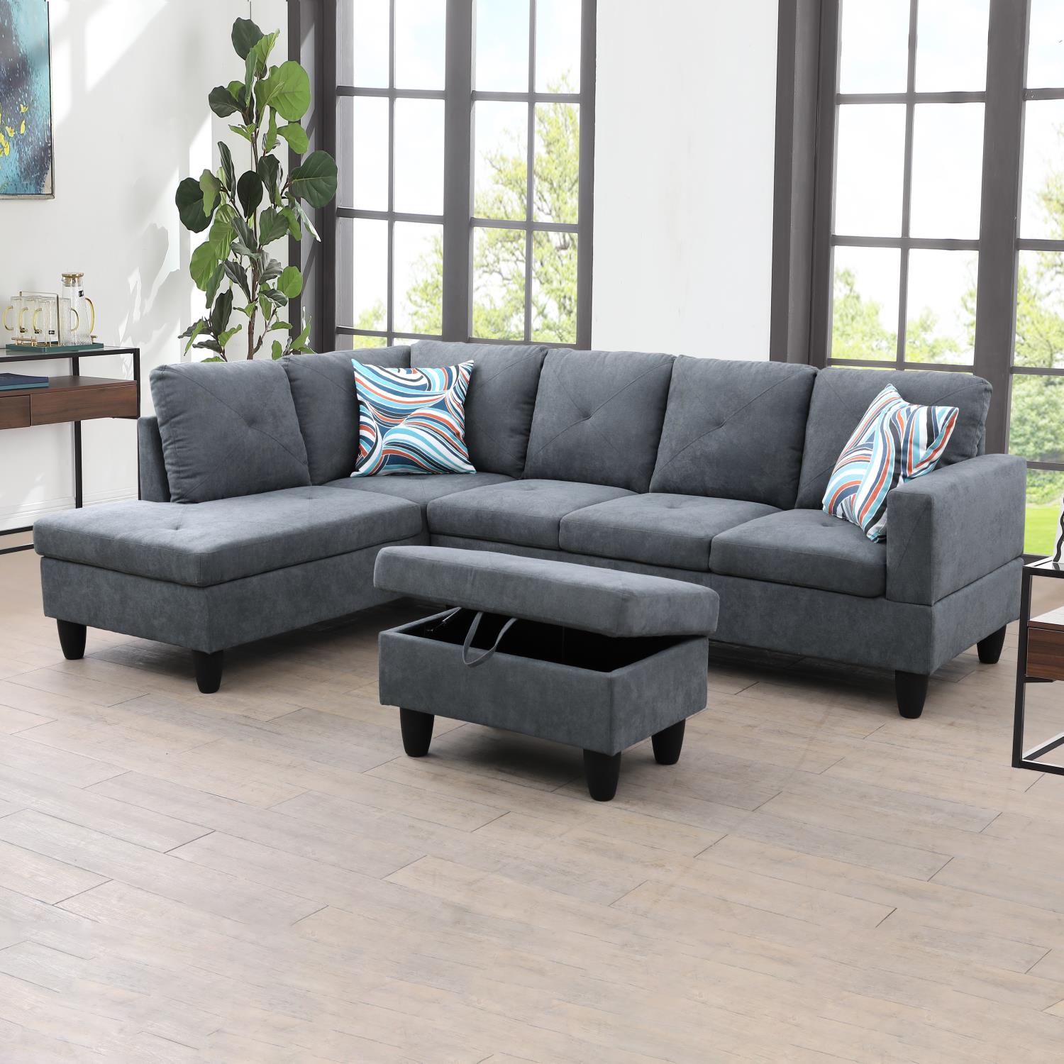 Ainehome Dark Grey Flannelette L-Shaped Living Room Sectional Sofa Set