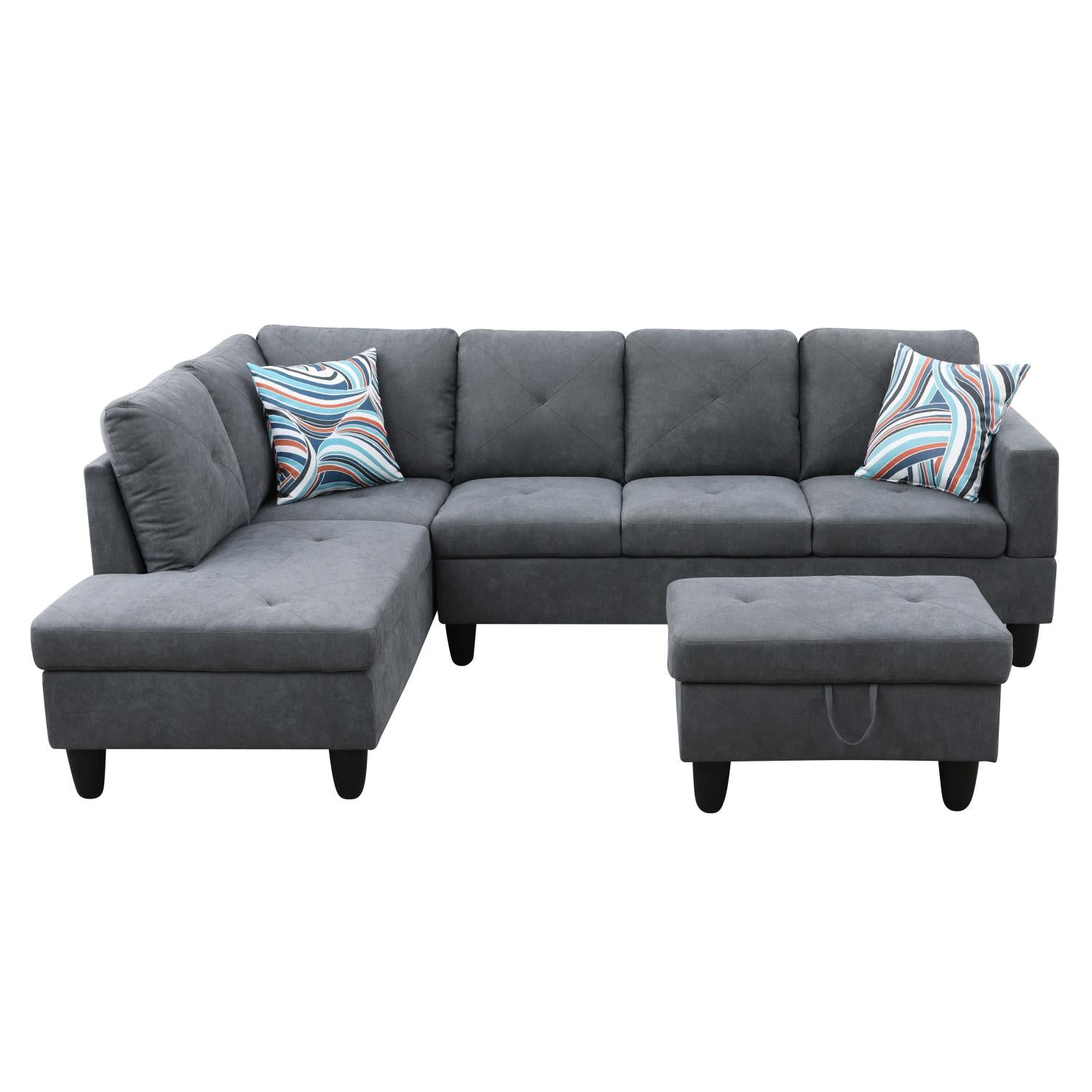 Ainehome Dark Grey Flannelette L-Shaped Living Room Sectional Sofa Set