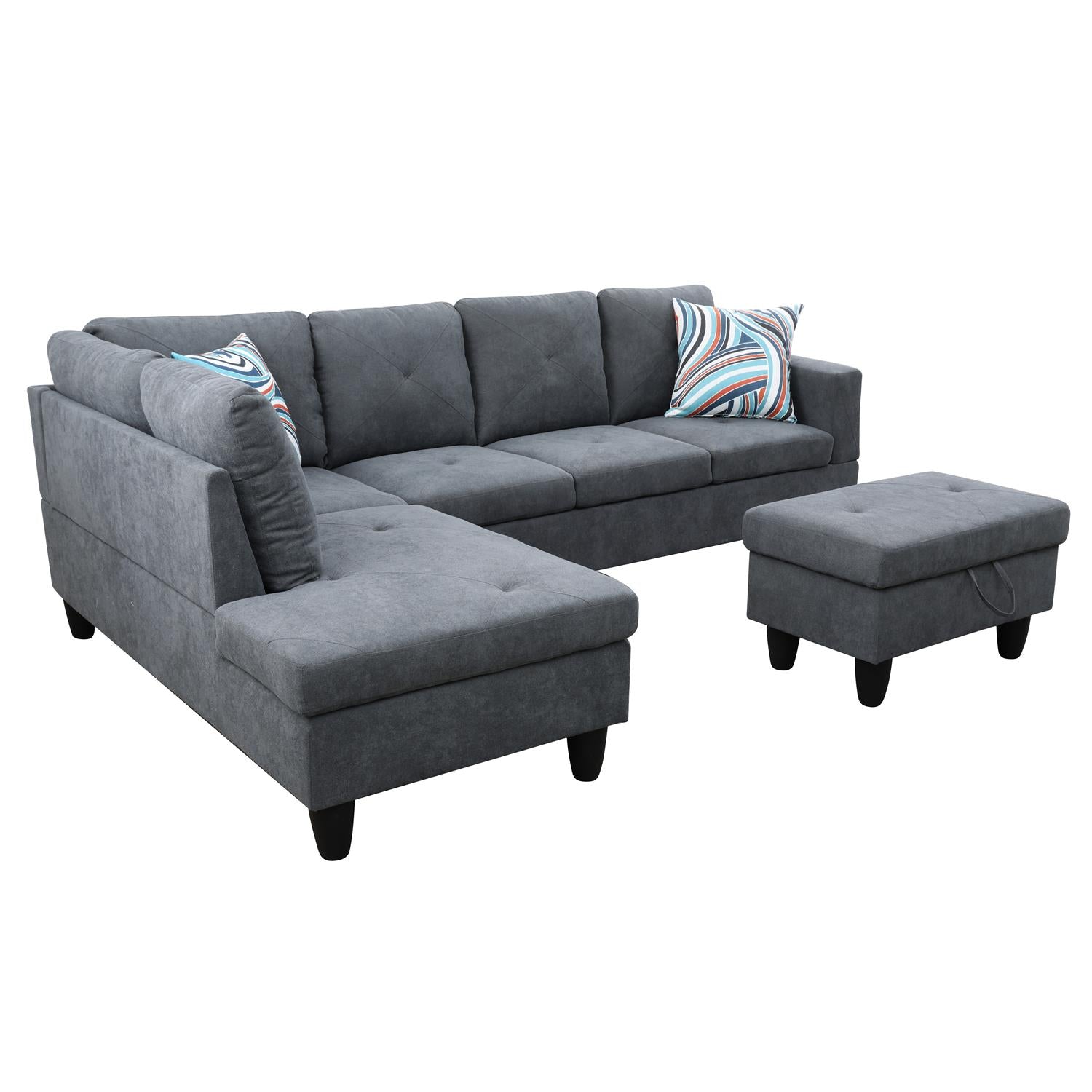 Ainehome Dark Grey Flannelette L-Shaped Living Room Sectional Sofa Set