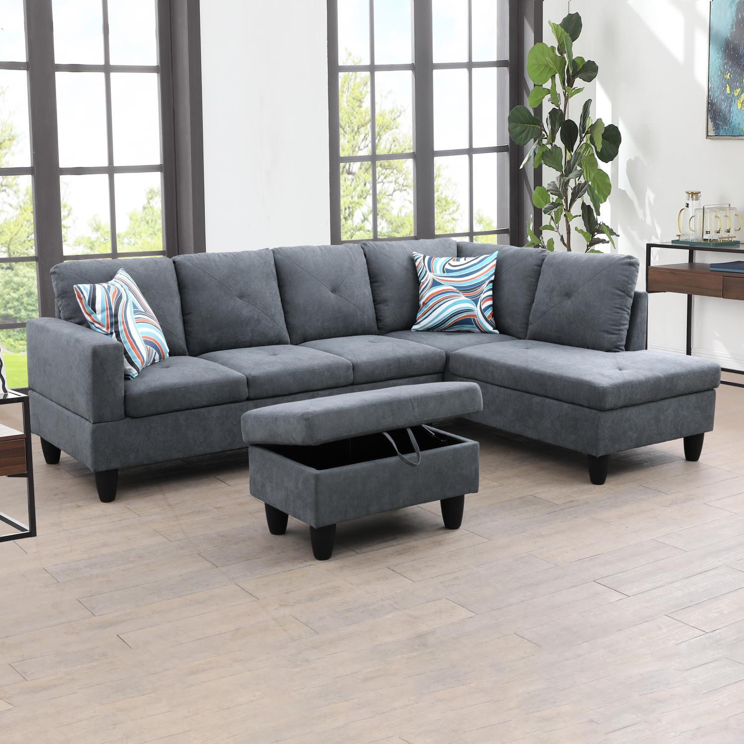 Ainehome Dark Grey Flannelette L-Shaped Living Room Sectional Sofa Set