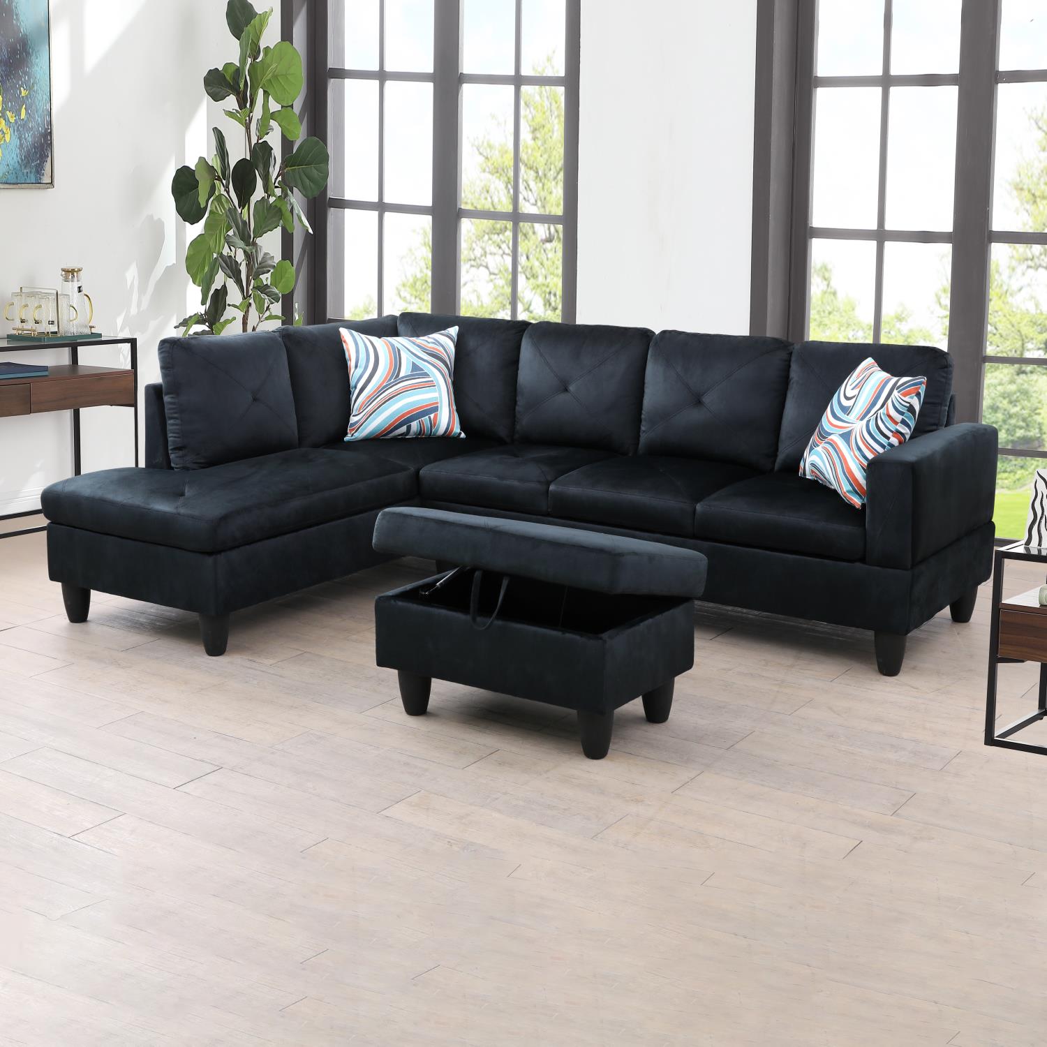 Ainehome BMidnight Blue Microfiber L-Shaped Living Room Sectional Sofa Set