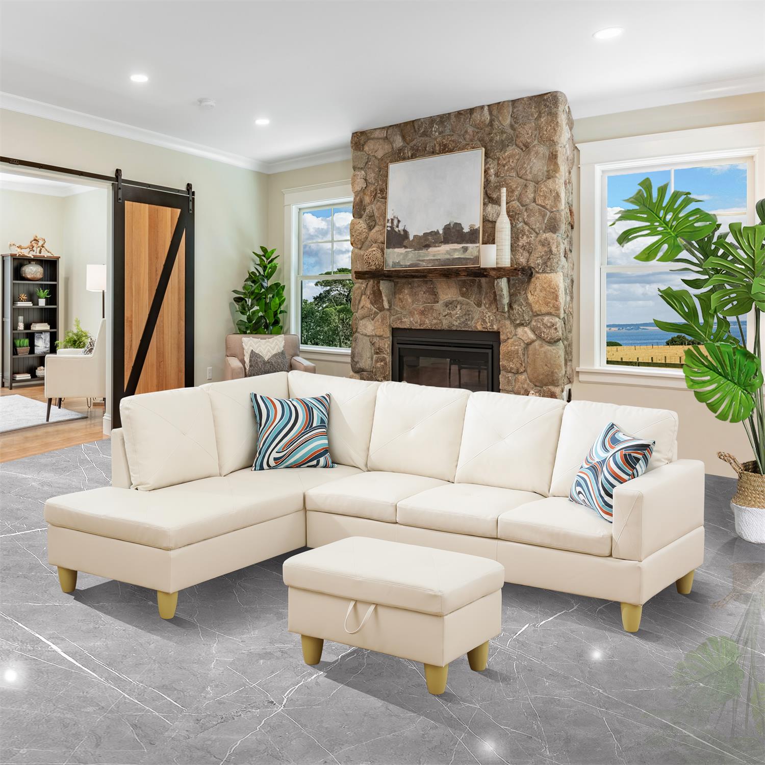 Ainehome White Faux Leather L-Shaped Living Room Sectional Sofa Set