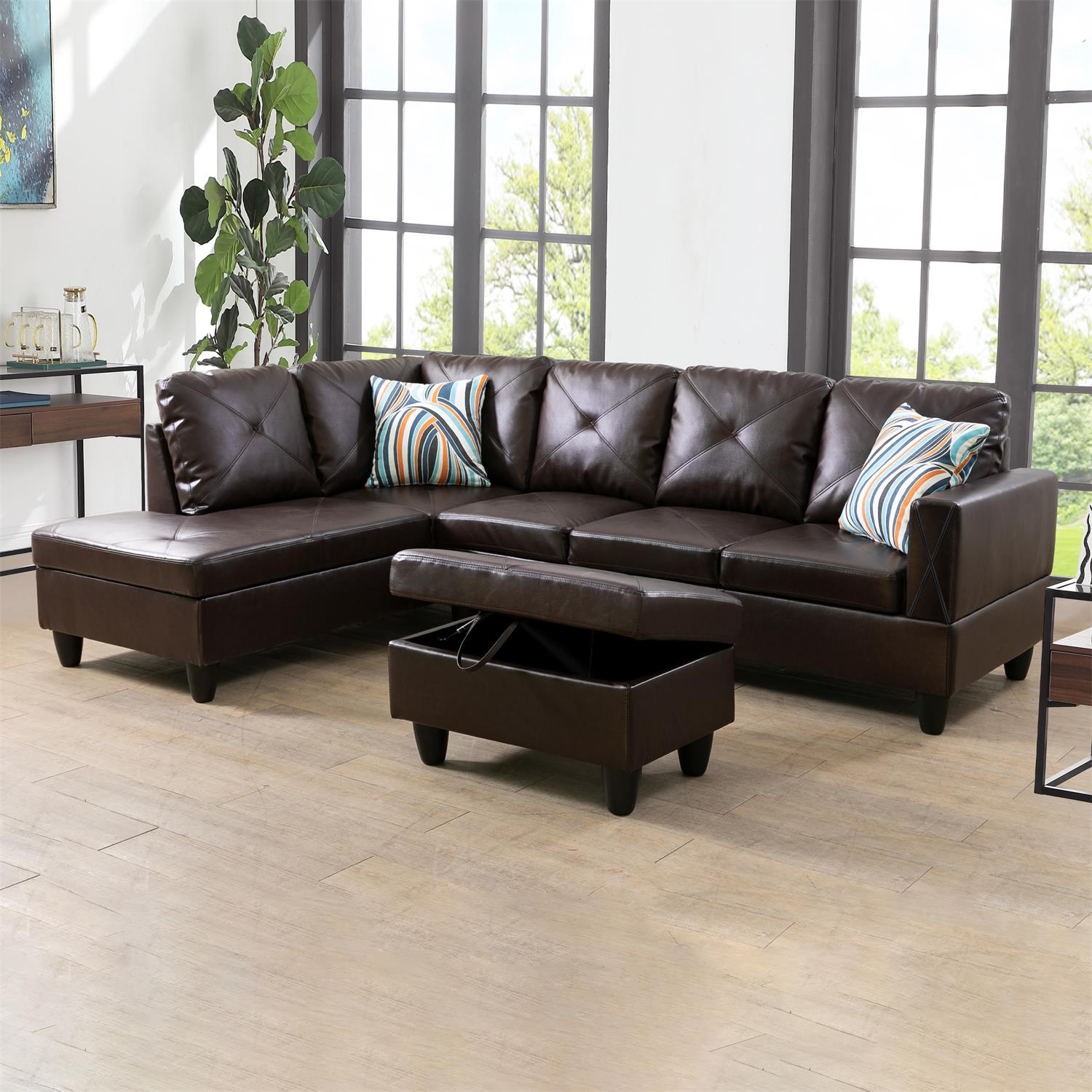 Ainehome Brown Faux Leather L-Shaped Living Room Sectional Sofa Set