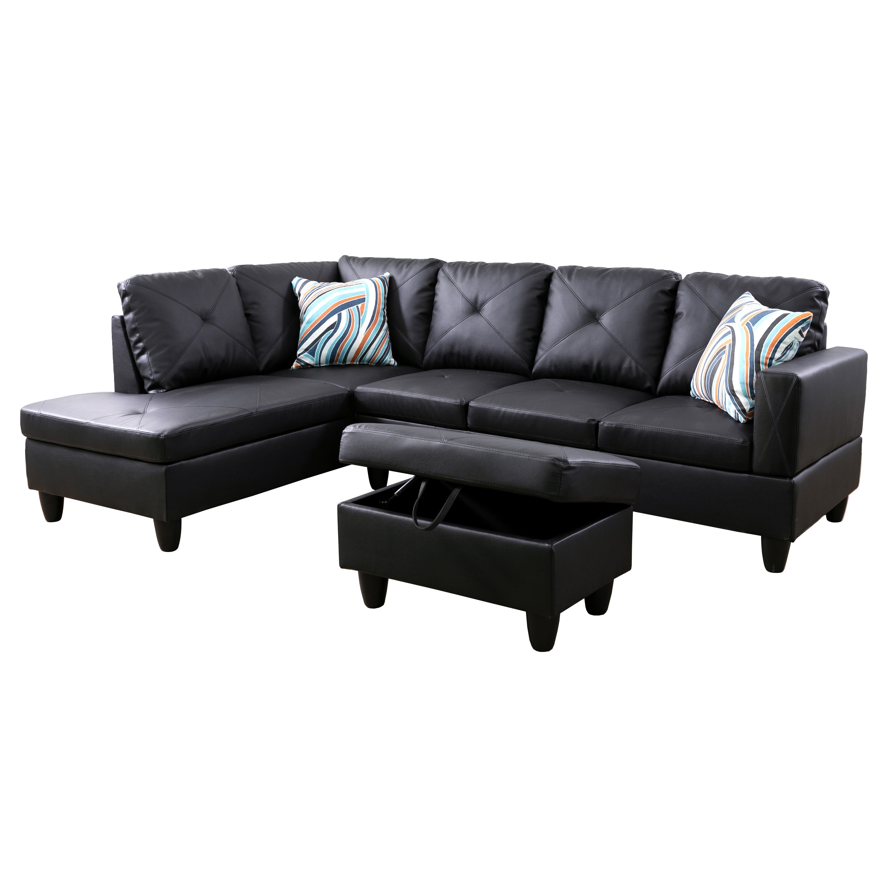 Ainehome Black Faux Leather L-Shaped Living Room Sectional Sofa Set