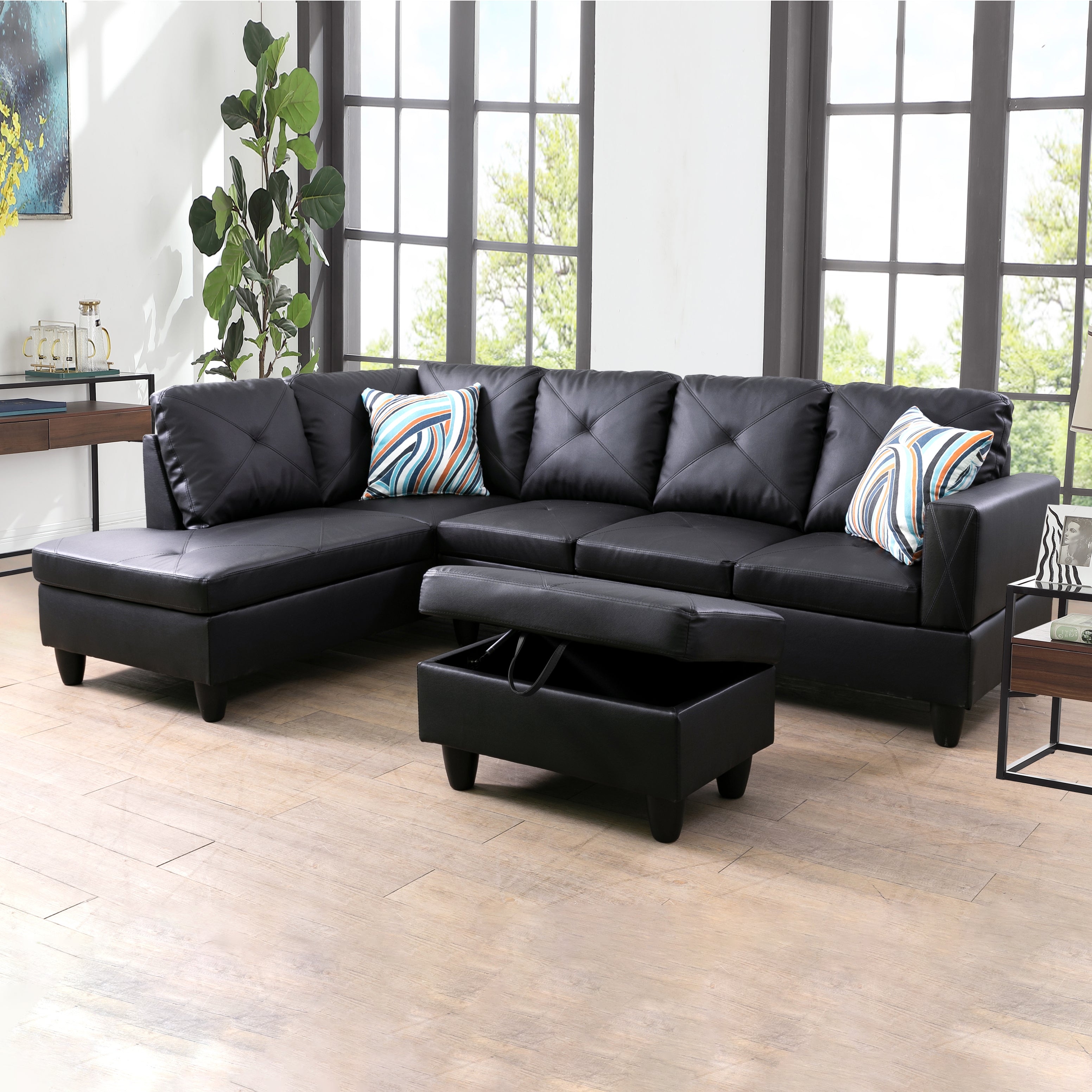 Ainehome Black Faux Leather L-Shaped Living Room Sectional Sofa Set