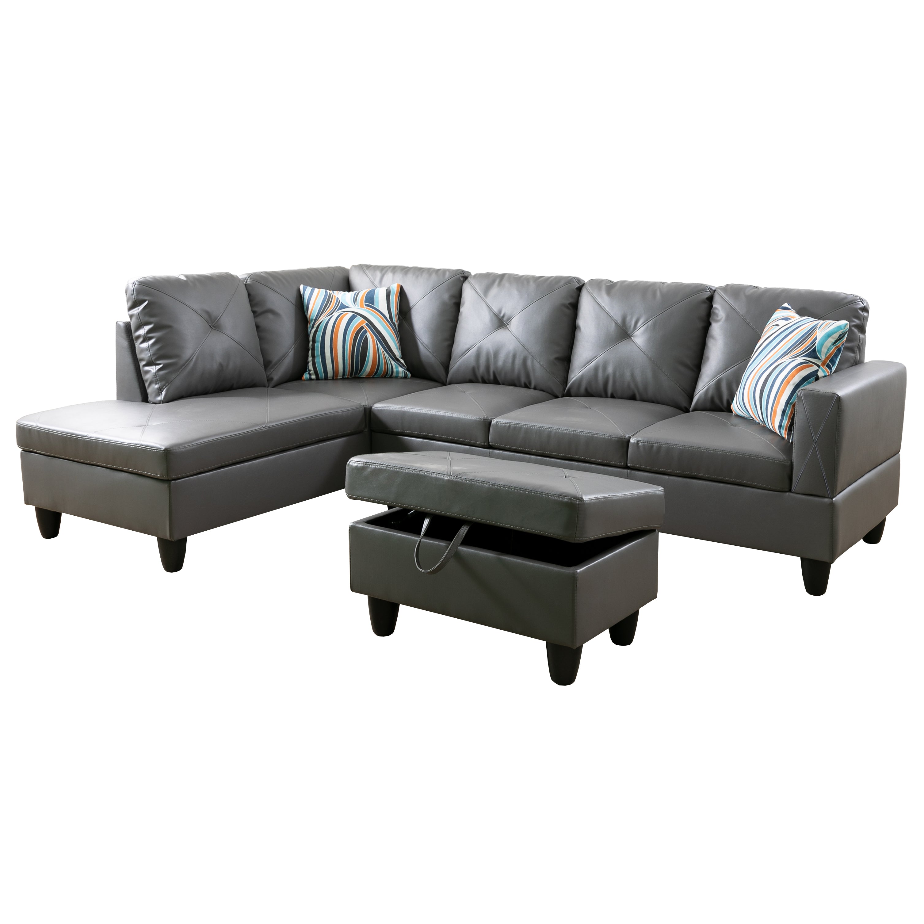 Ainehome Grey Dark Grey Faux Leather L-Shaped Living Room Sectional Sofa Set