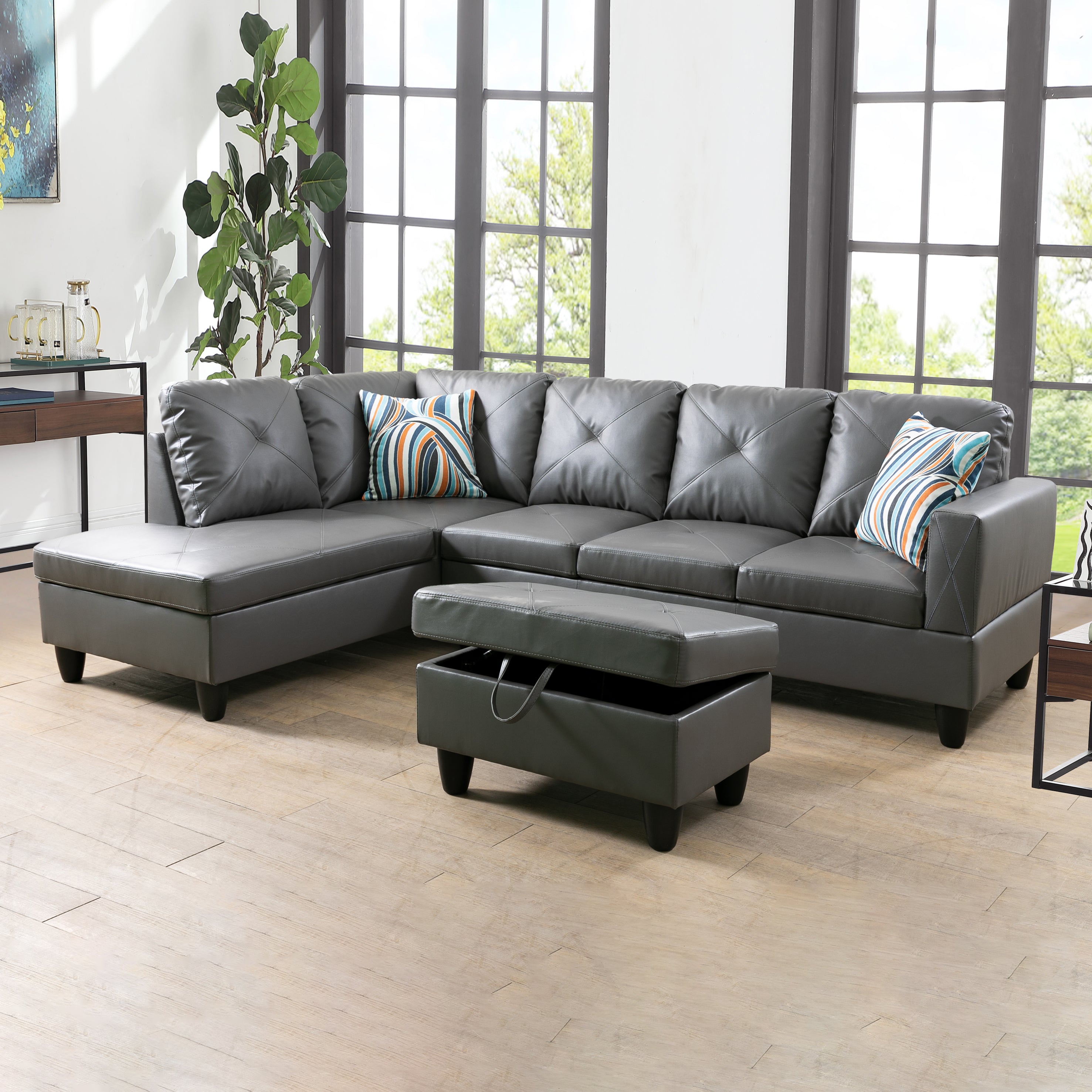 Ainehome Grey Dark Grey Faux Leather L-Shaped Living Room Sectional Sofa Set