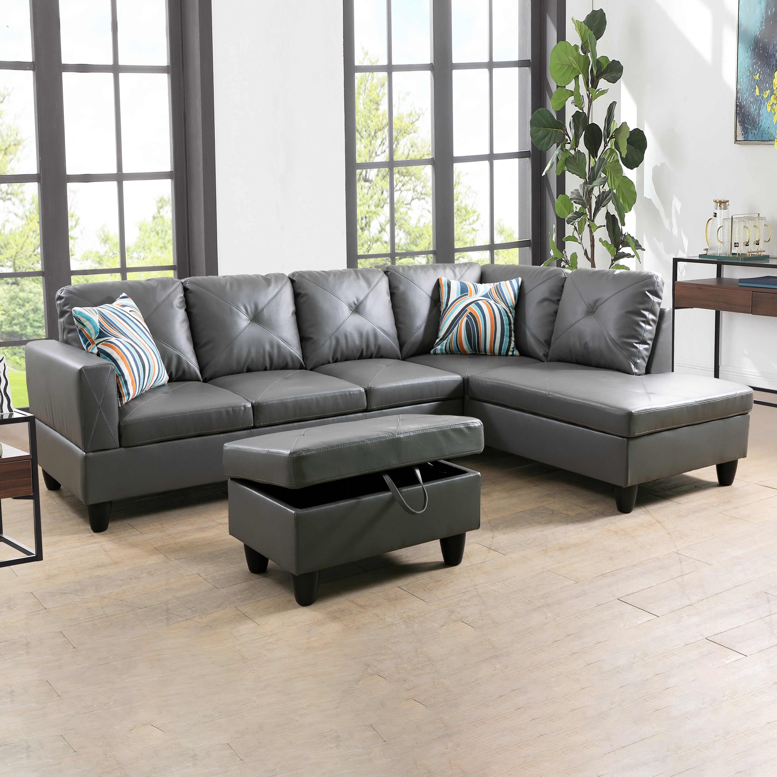 Ainehome L-förmiges Sofa-Set aus Kunstleder in Dunkelgrau