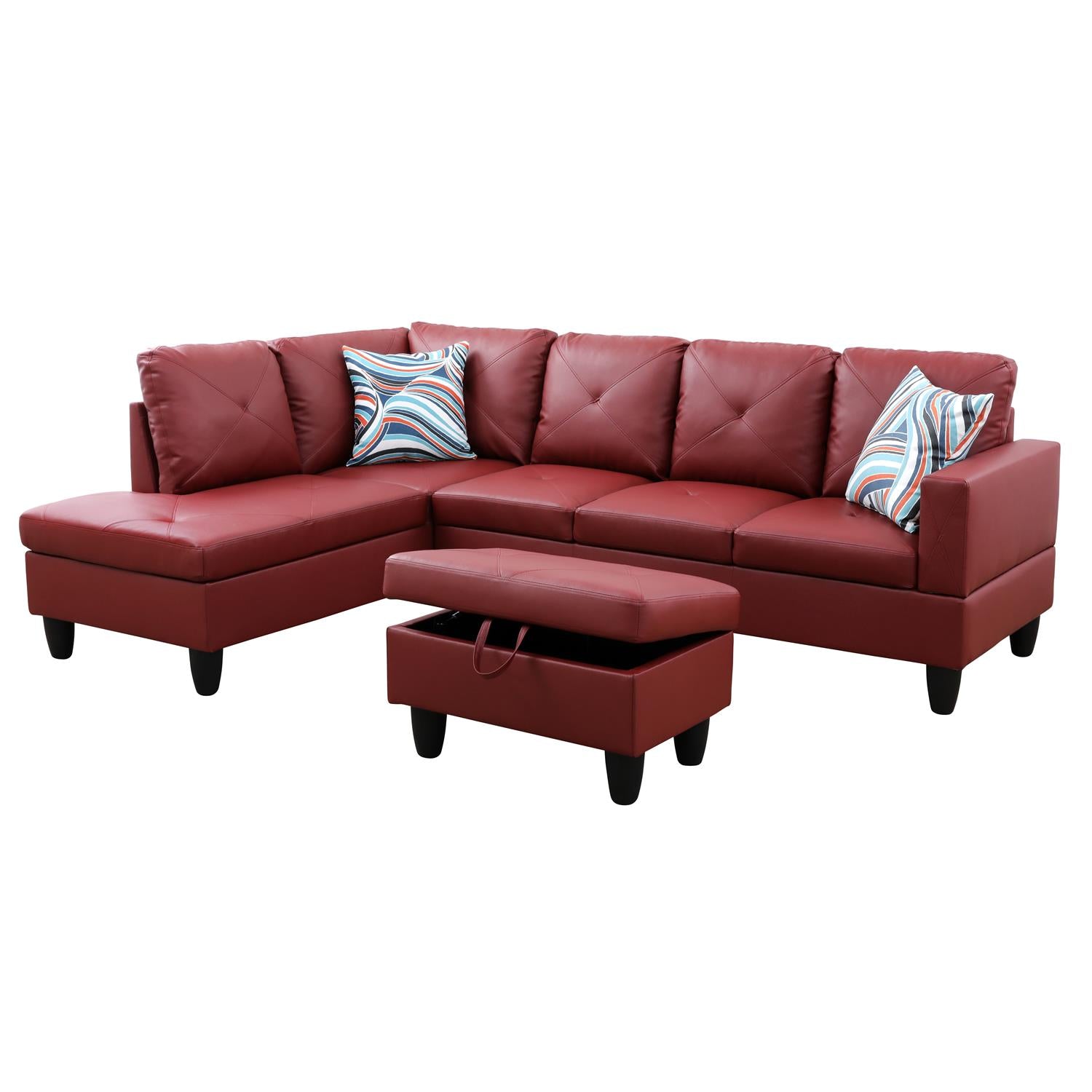 Ainehome Red Faux Leather L-Shaped Living Room Sectional Sofa Set