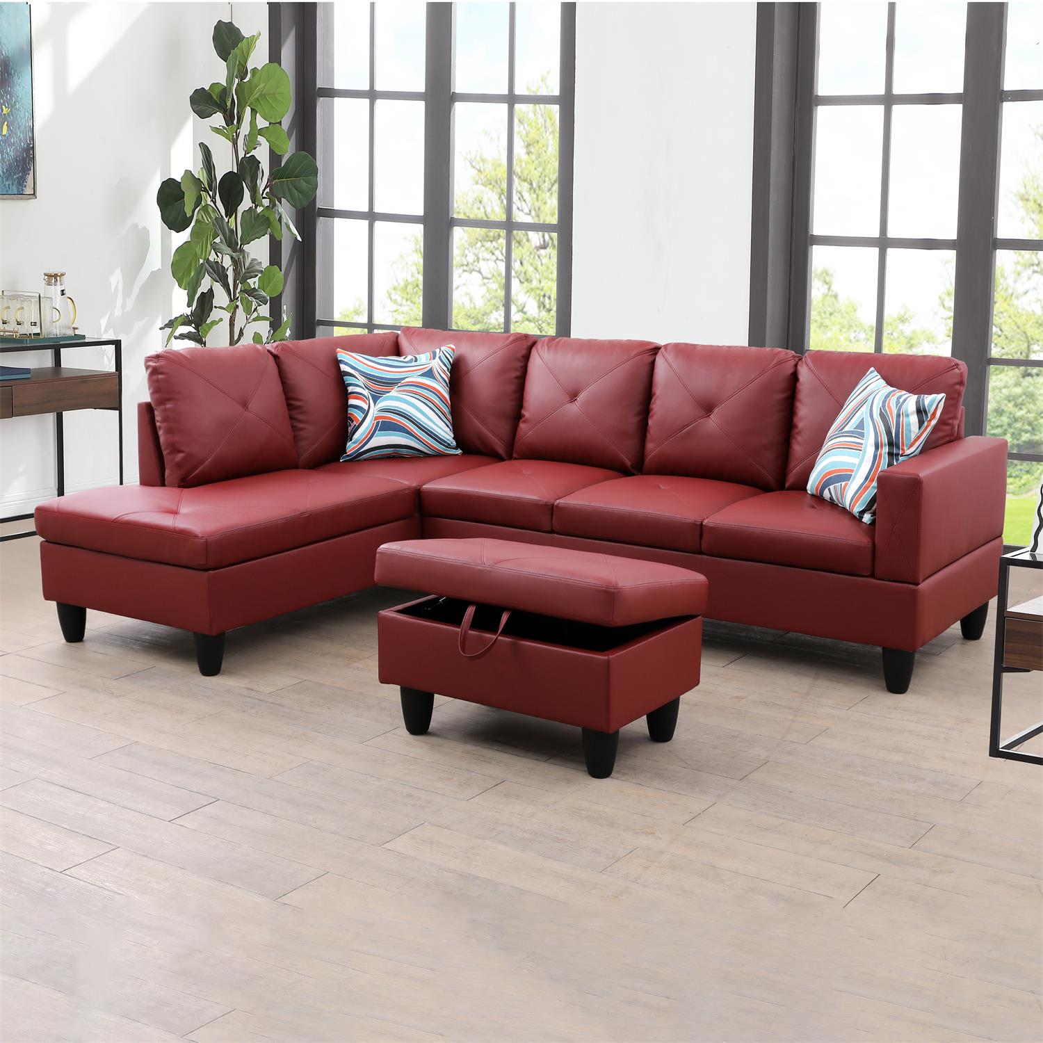 Ainehome Red Faux Leather L-Shaped Living Room Sectional Sofa Set