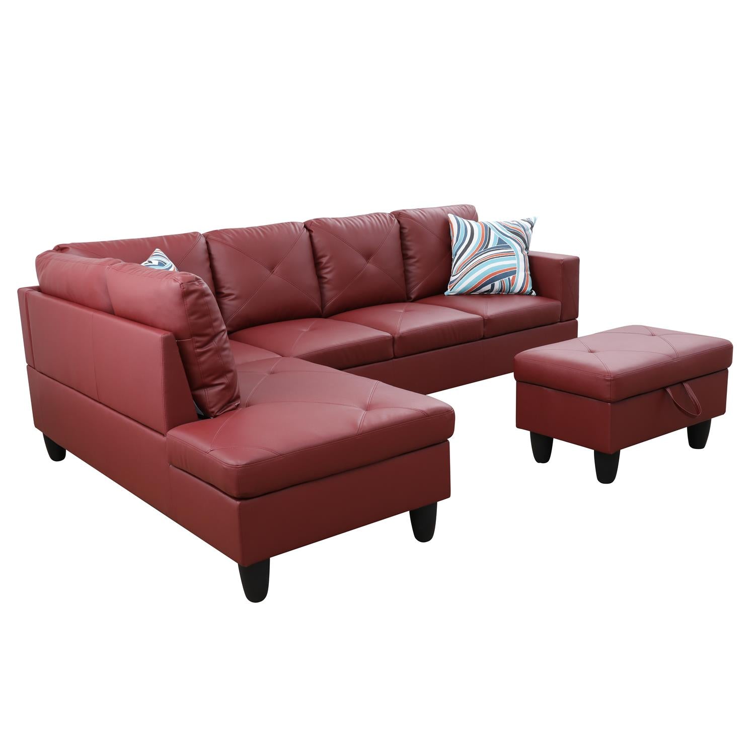 Ainehome Red Faux Leather L-Shaped Living Room Sectional Sofa Set