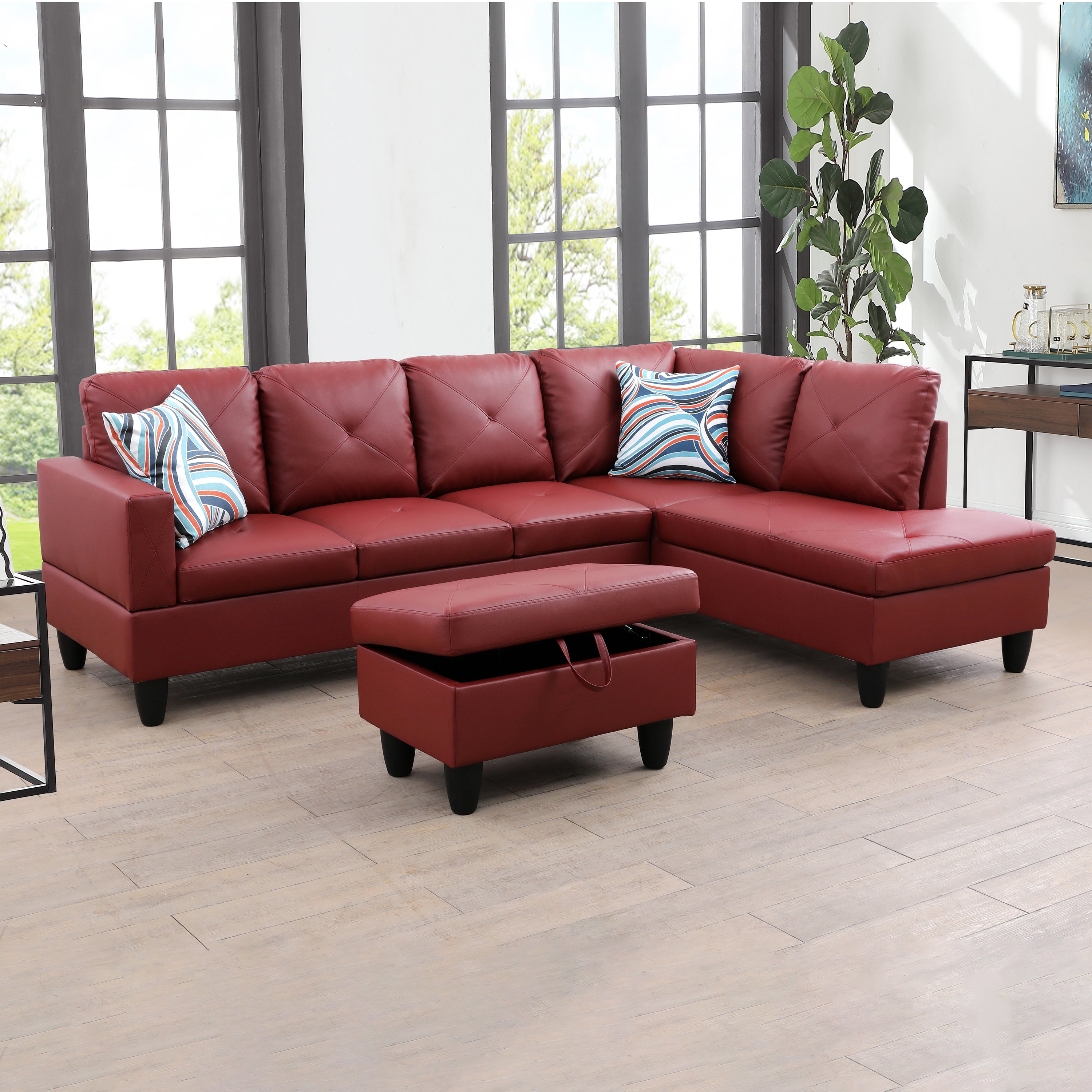 Ainehome Red Faux Leather L-Shaped Living Room Sectional Sofa Set