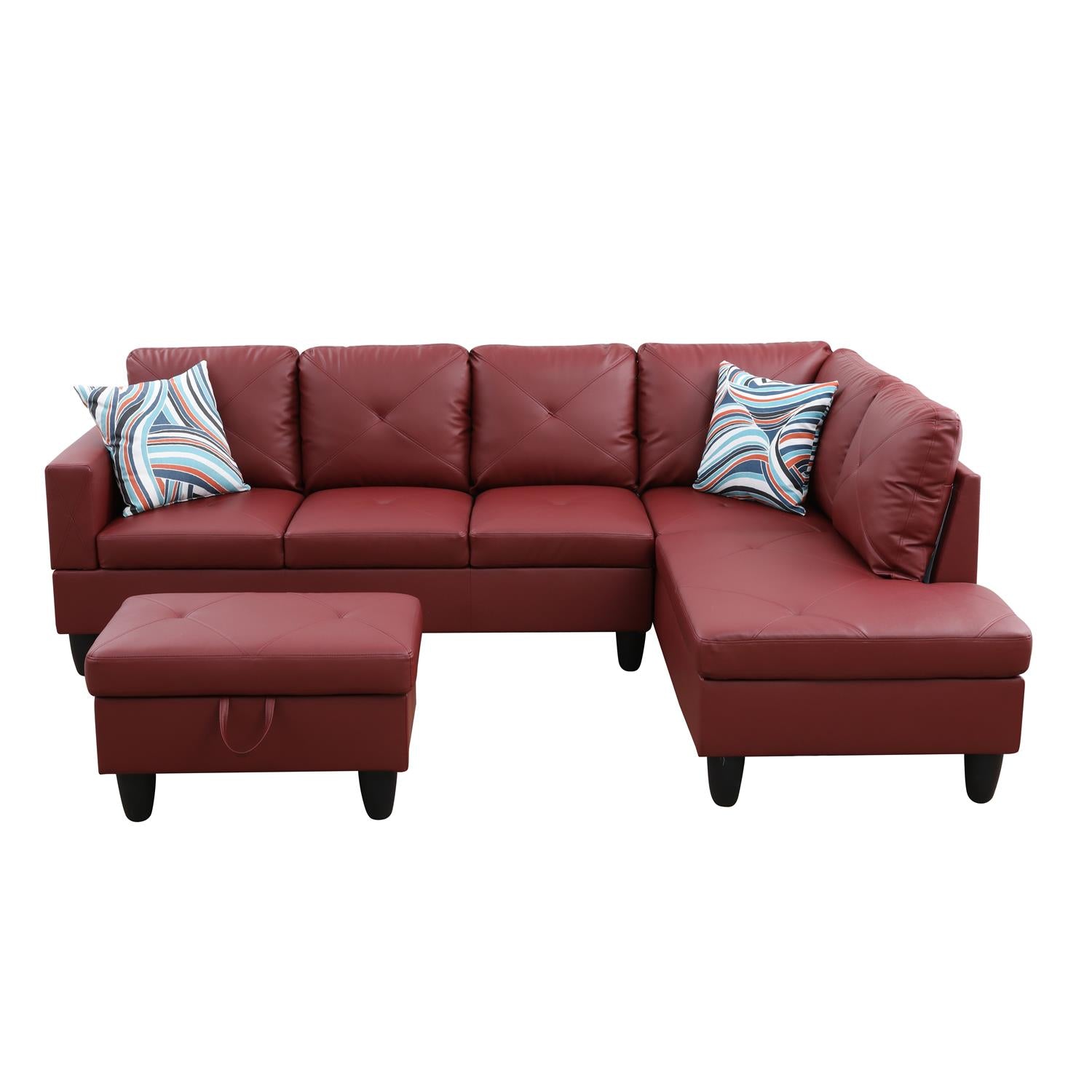 Ainehome Red Faux Leather L-Shaped Living Room Sectional Sofa Set