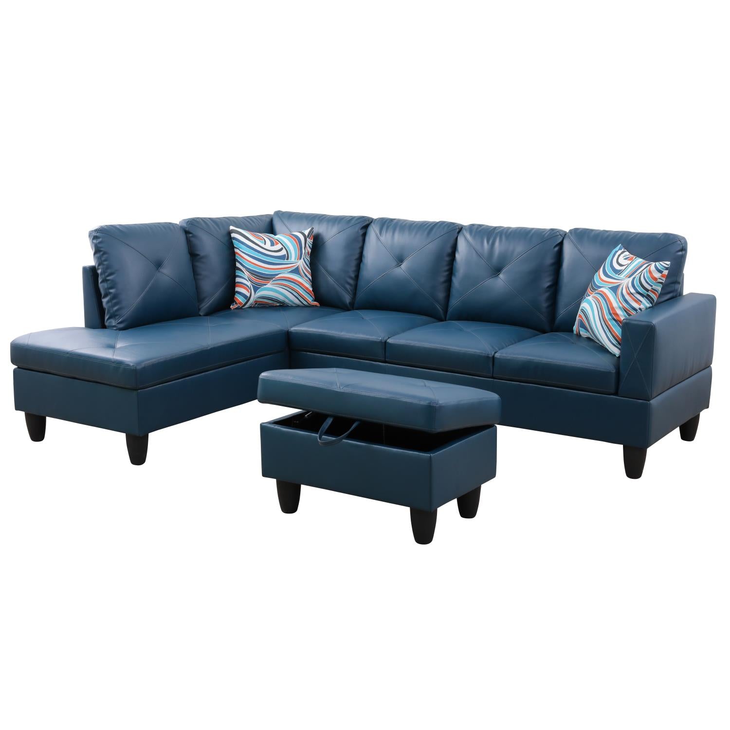 Ainehome Denim Blue L-Shaped Faux Leather Sofa Set