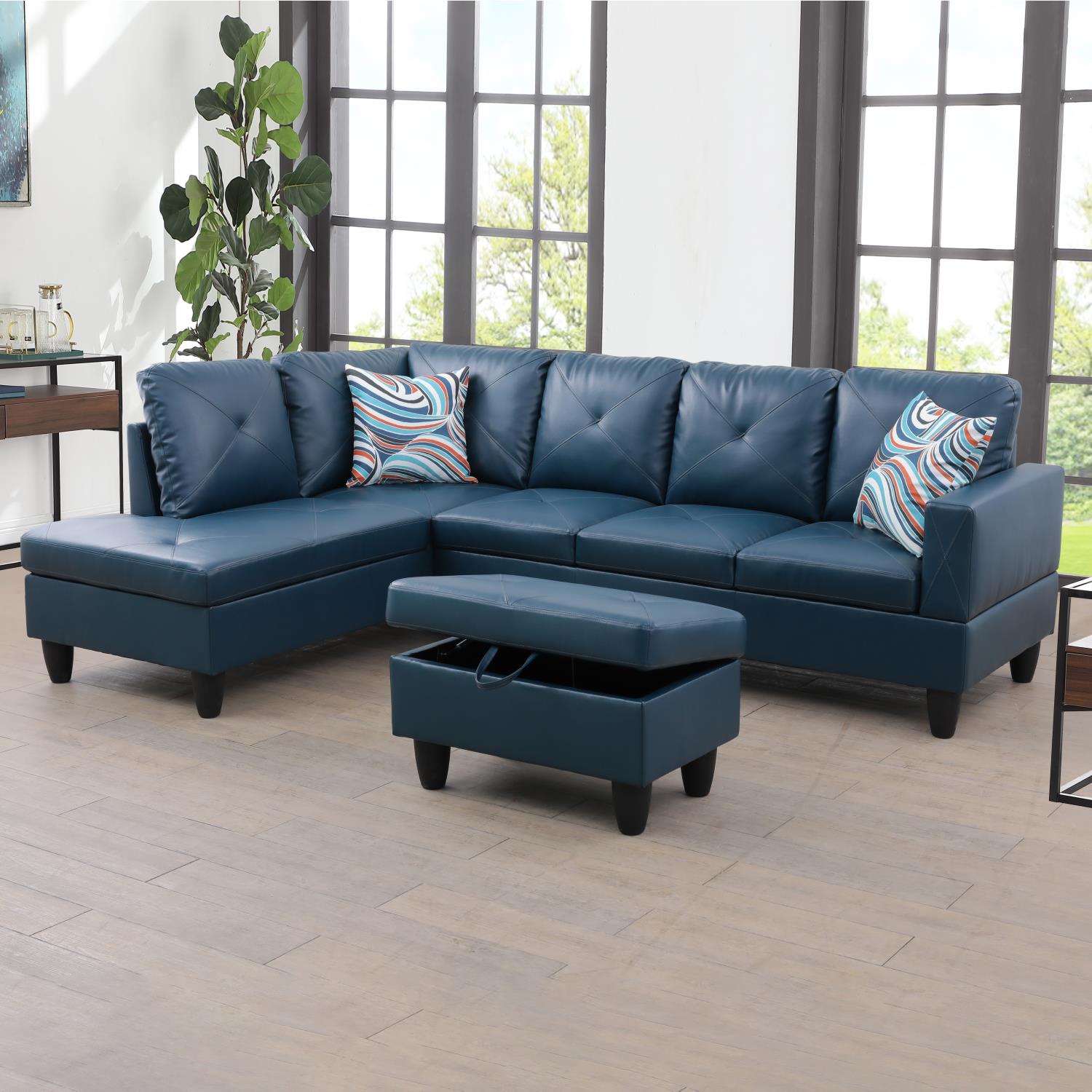 Ainehome Denim Blue L-Shaped Faux Leather Sofa Set