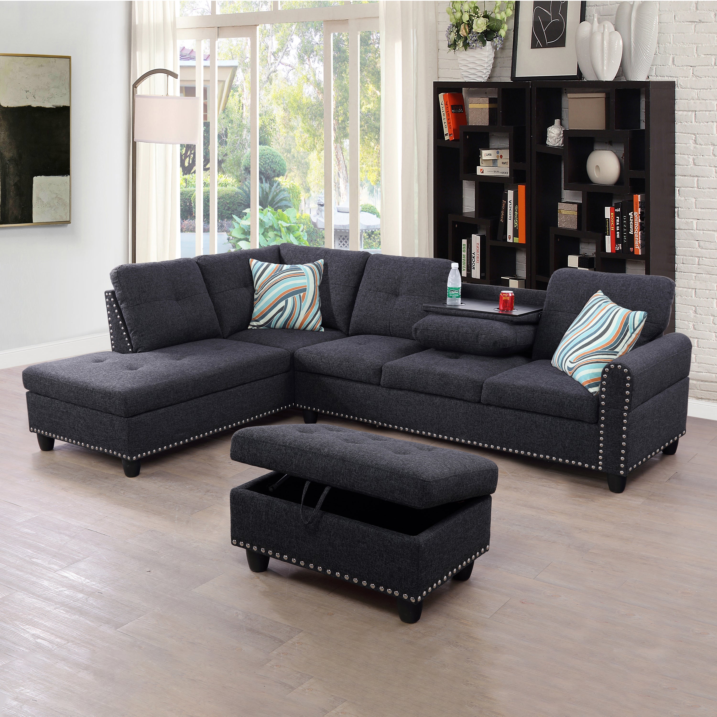 Ainehome Black Grey Linen L-Shaped Living Room Sectional Sofa Set