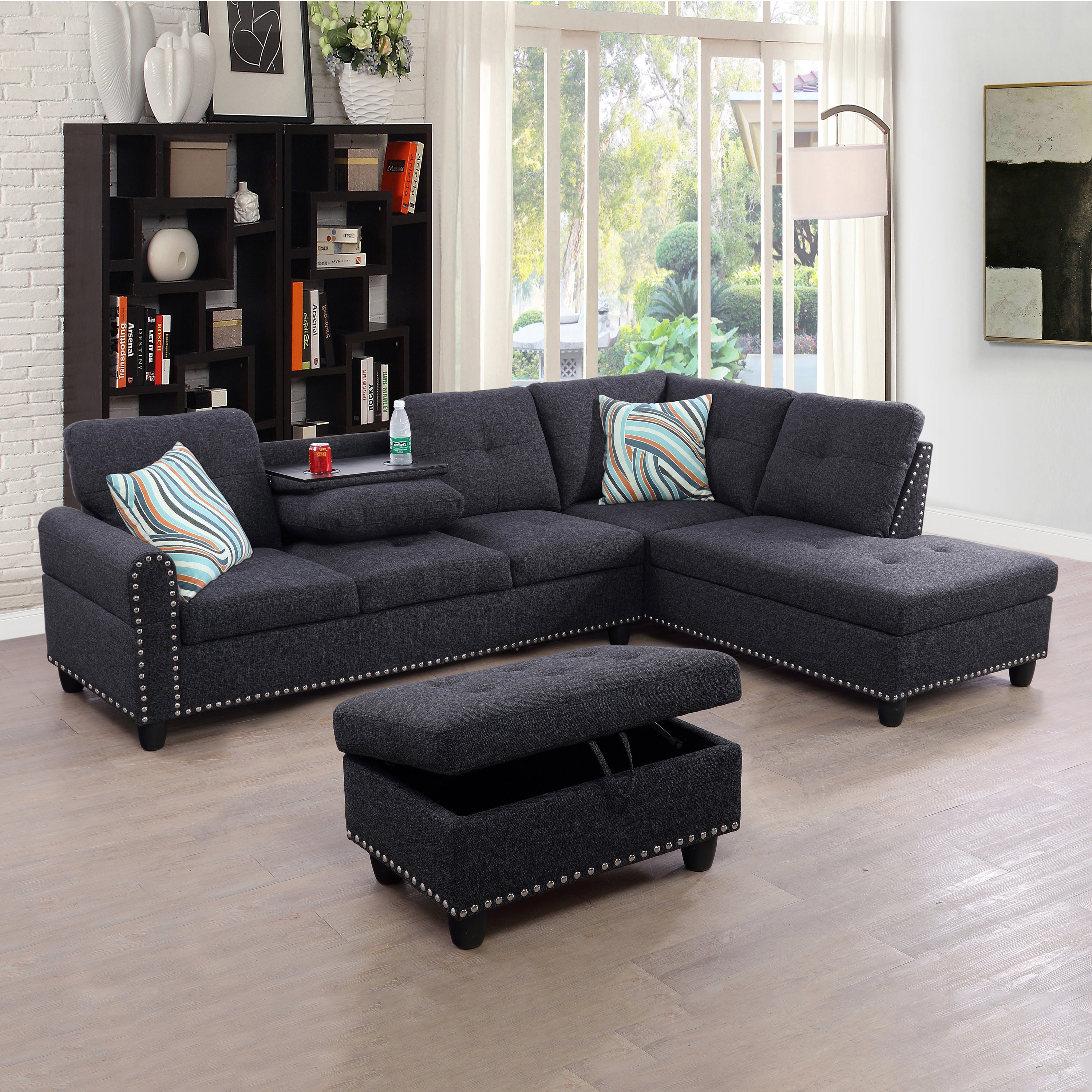 Ainehome Black Grey Linen L-Shaped Living Room Sectional Sofa Set