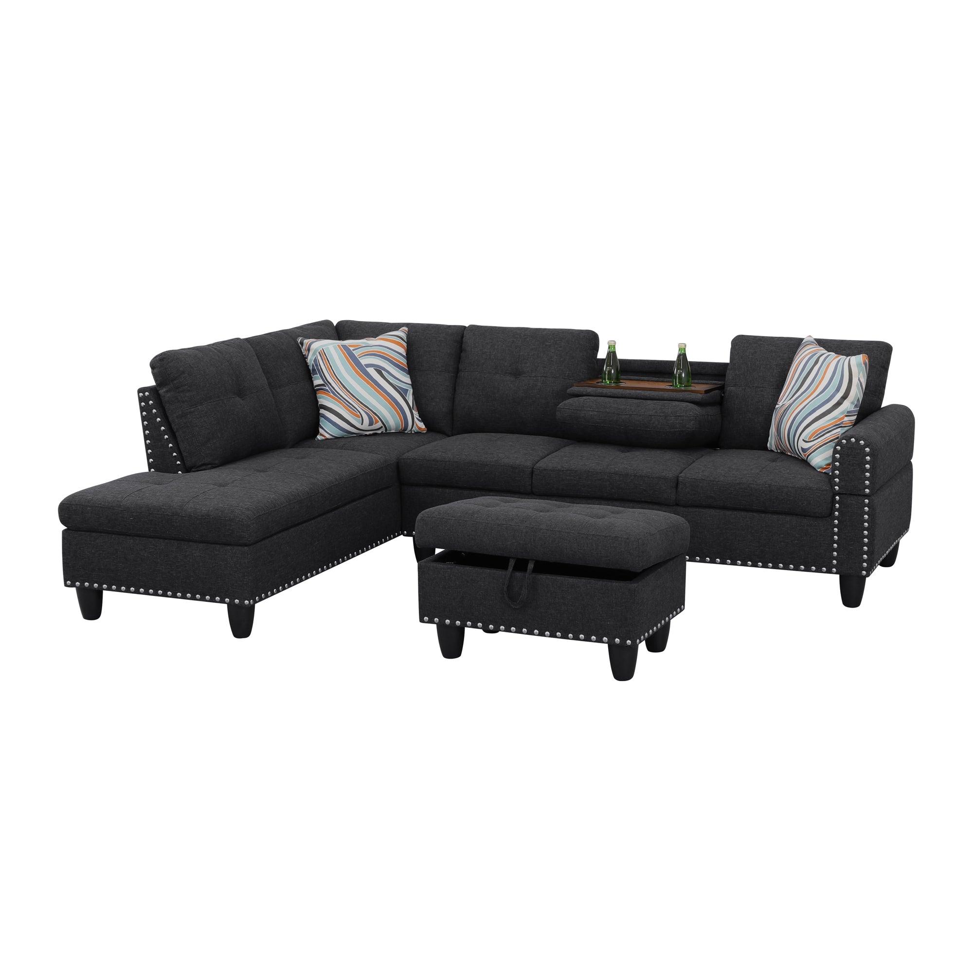 Ainehome Black Grey Linen L-Shaped Living Room Sectional Sofa Set
