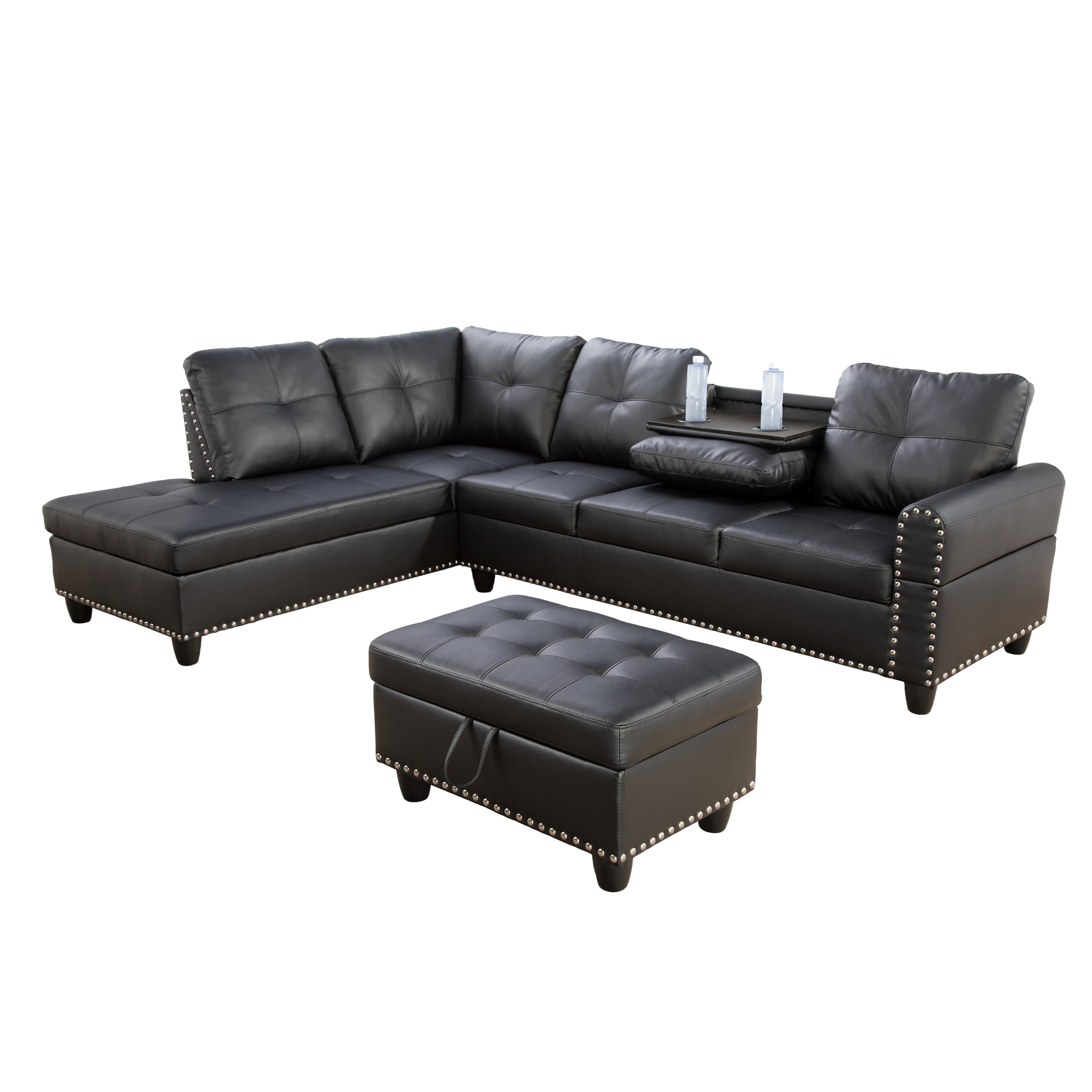 Ainehome Black Synthetic Leather L-Shaped Living Room Sectional Sofa Set