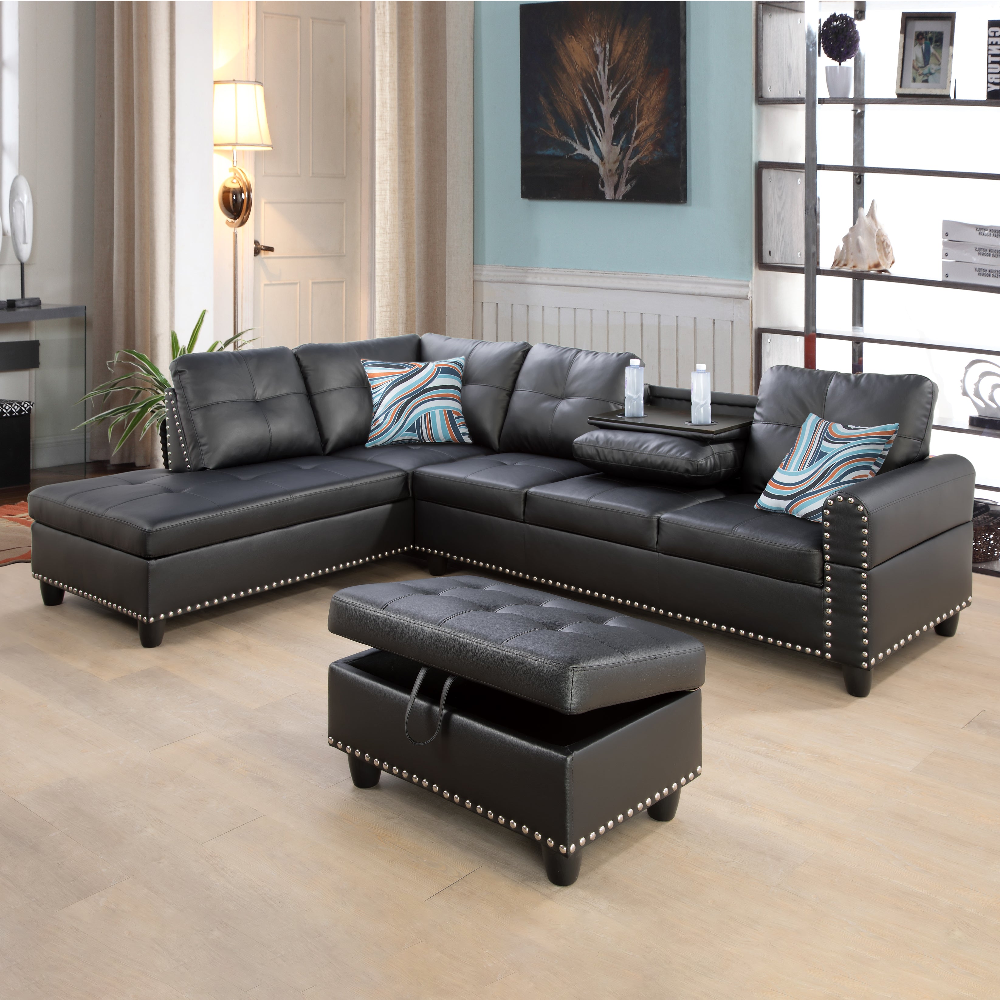 Ainehome Black Synthetic Leather L-Shaped Living Room Sectional Sofa Set