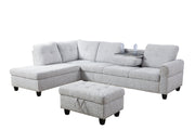 Ainehome grey and white flannel L-shaped sectional sofa with storage ottoman