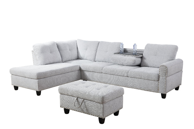 Ainehome grey and white flannel L-shaped sectional sofa with storage ottoman