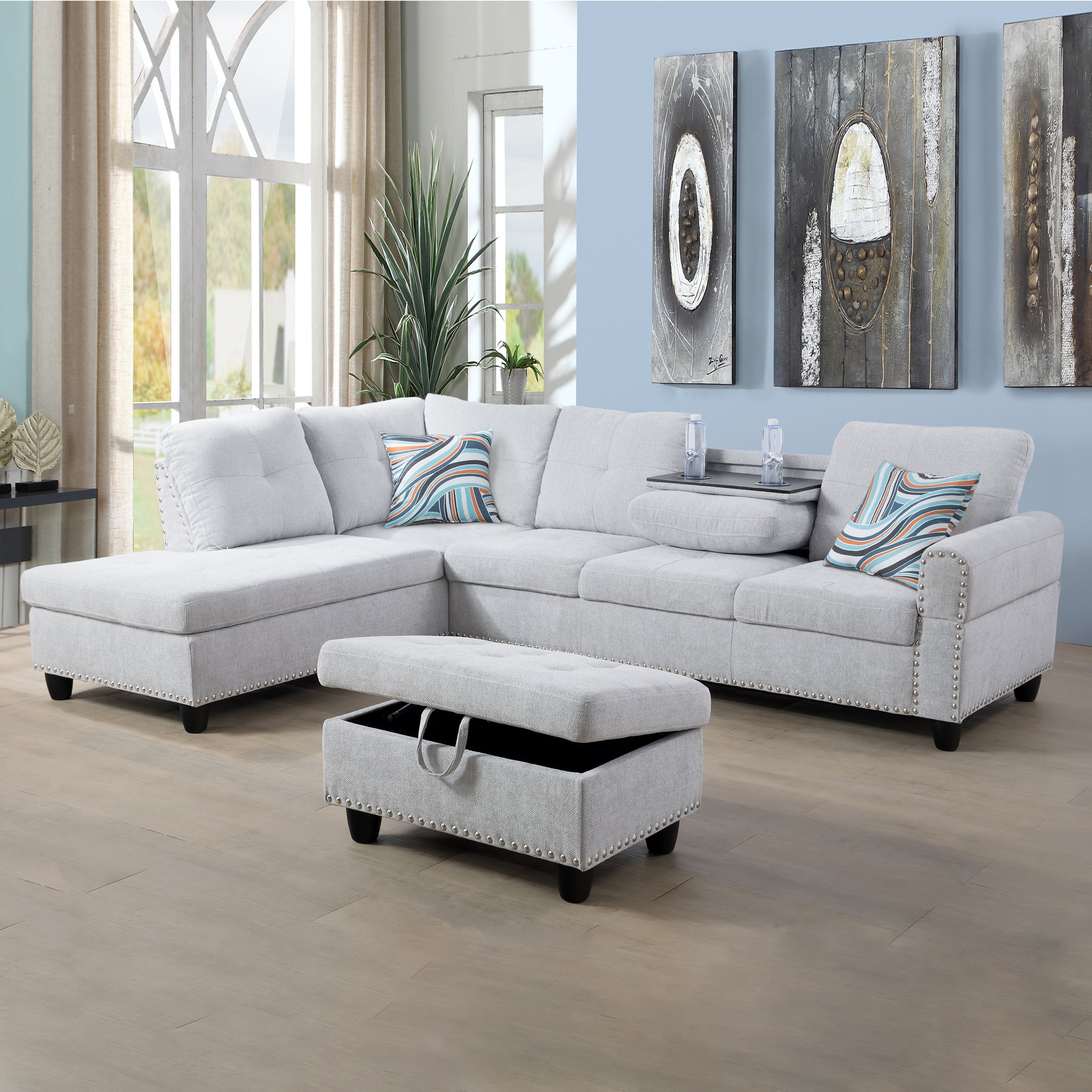 Ainehome Grey White Flannel 3-Piece Sofa Living Room Sofa Set
