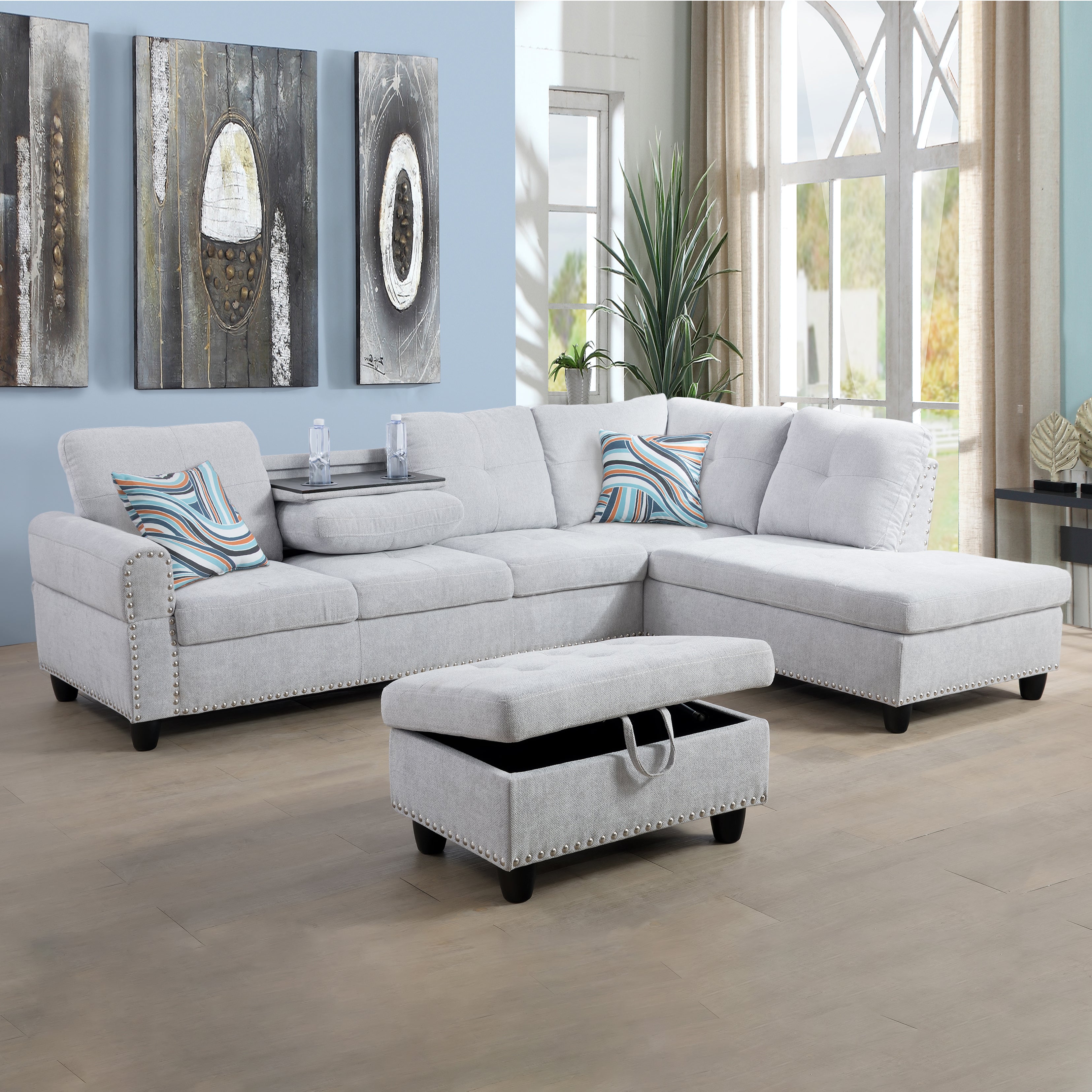 Conjunto de sofá de 3 piezas de franela gris y blanca de Ainehome para sala de estar