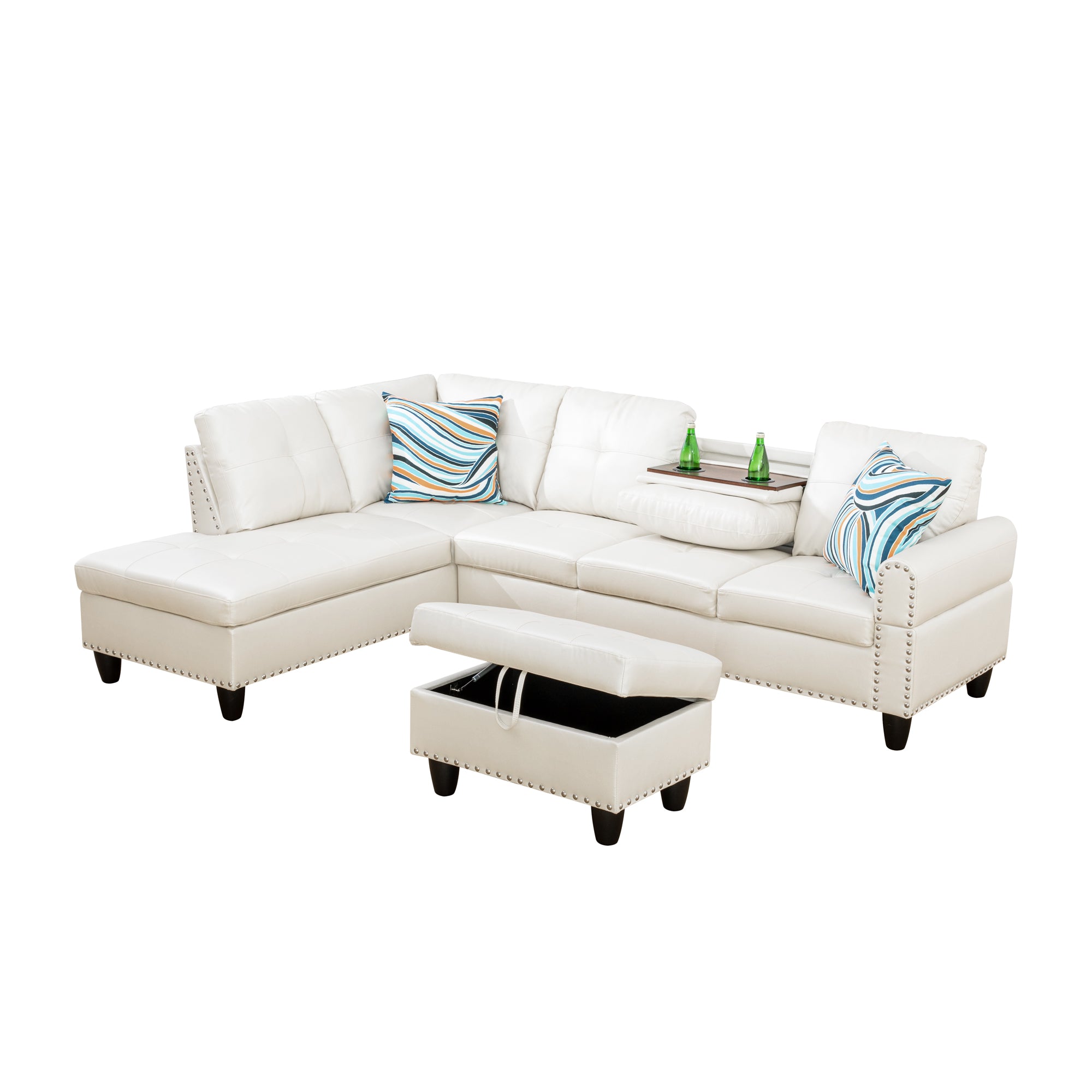 Ainehome White Faux Leather L-Shaped Living Room Sectional Sofa Set