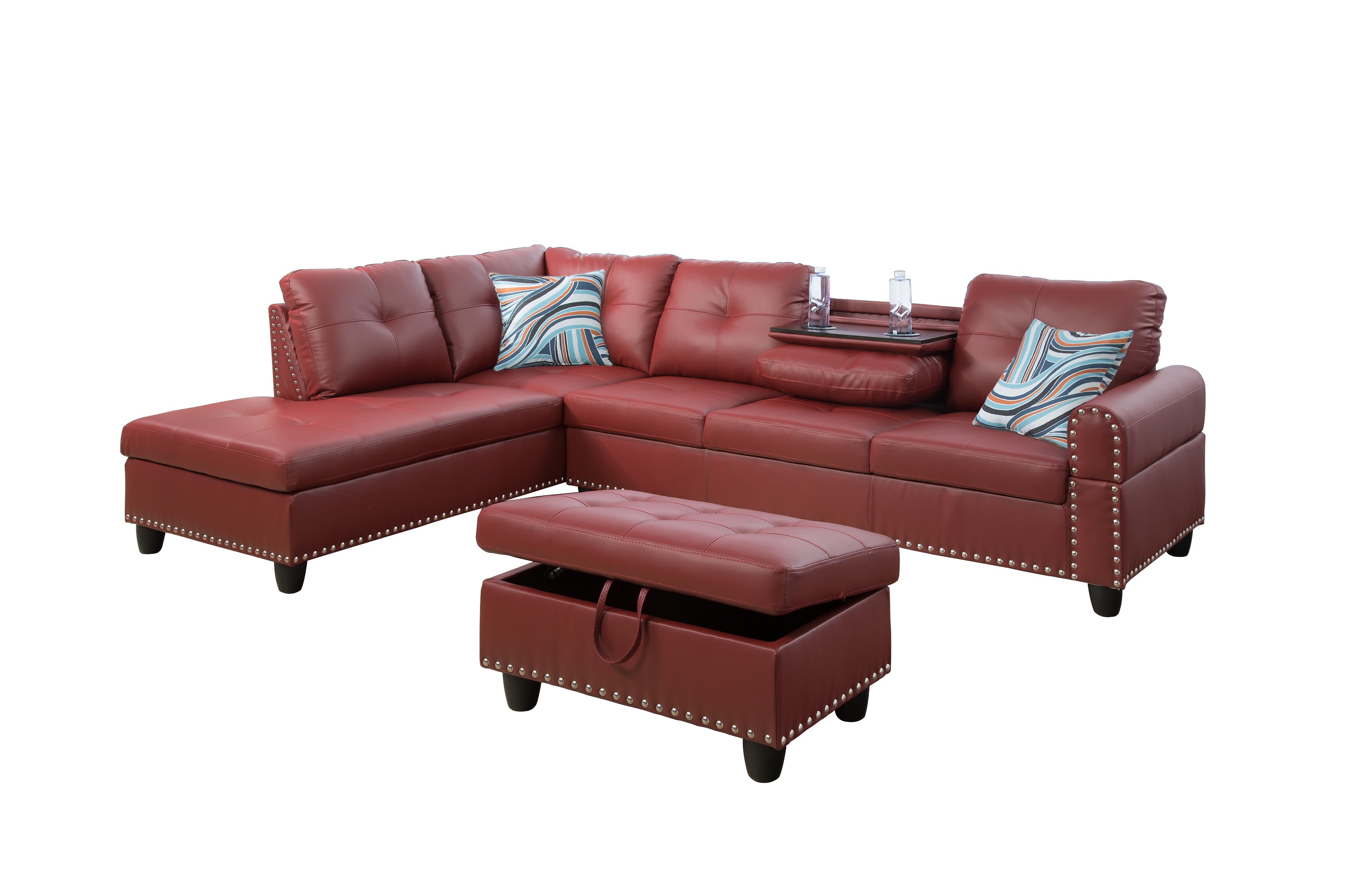 Ainehome Red Synthetic Leather L-Shaped Living Room Sectional Sofa Set
