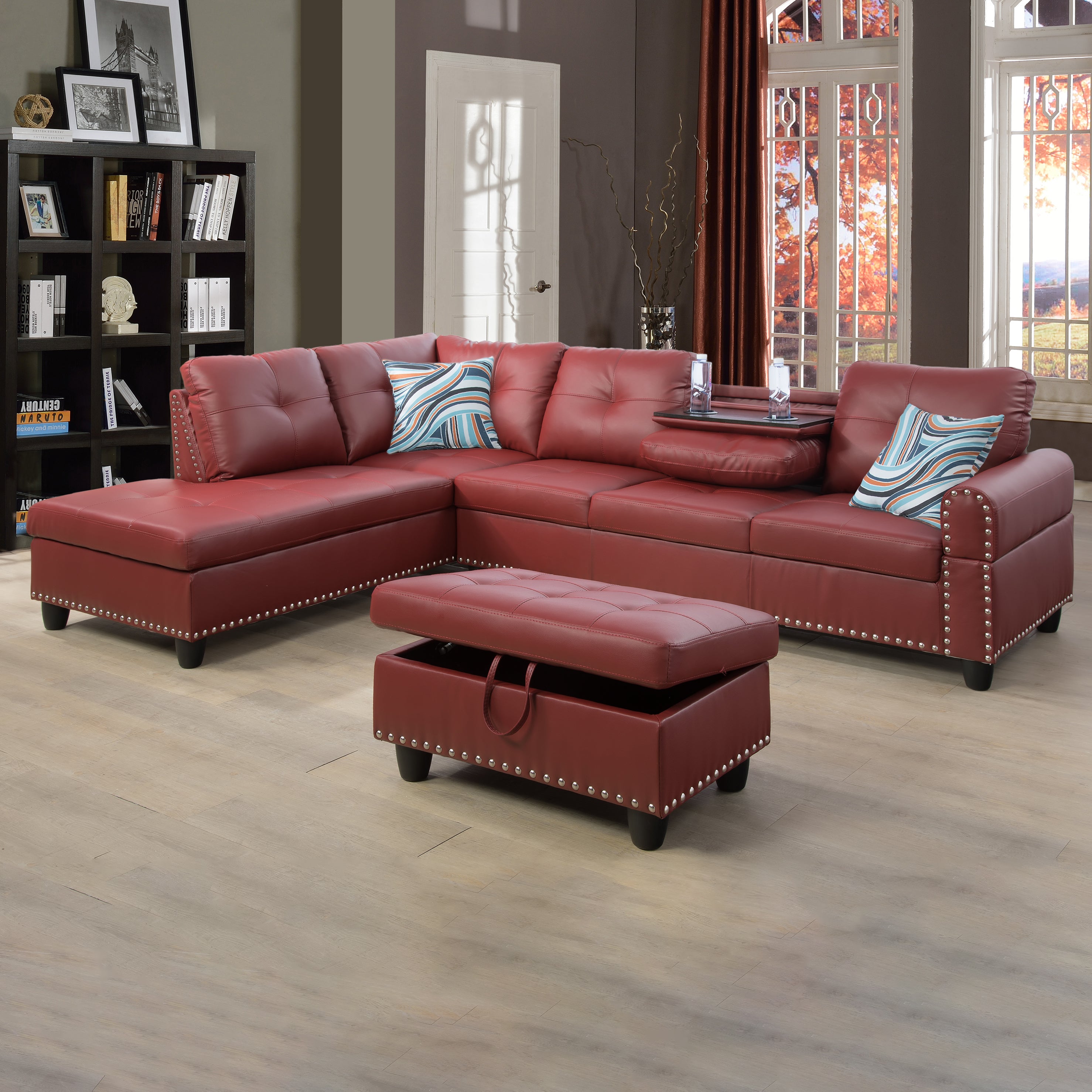Ainehome Red Synthetic Leather L-Shaped Living Room Sectional Sofa Set