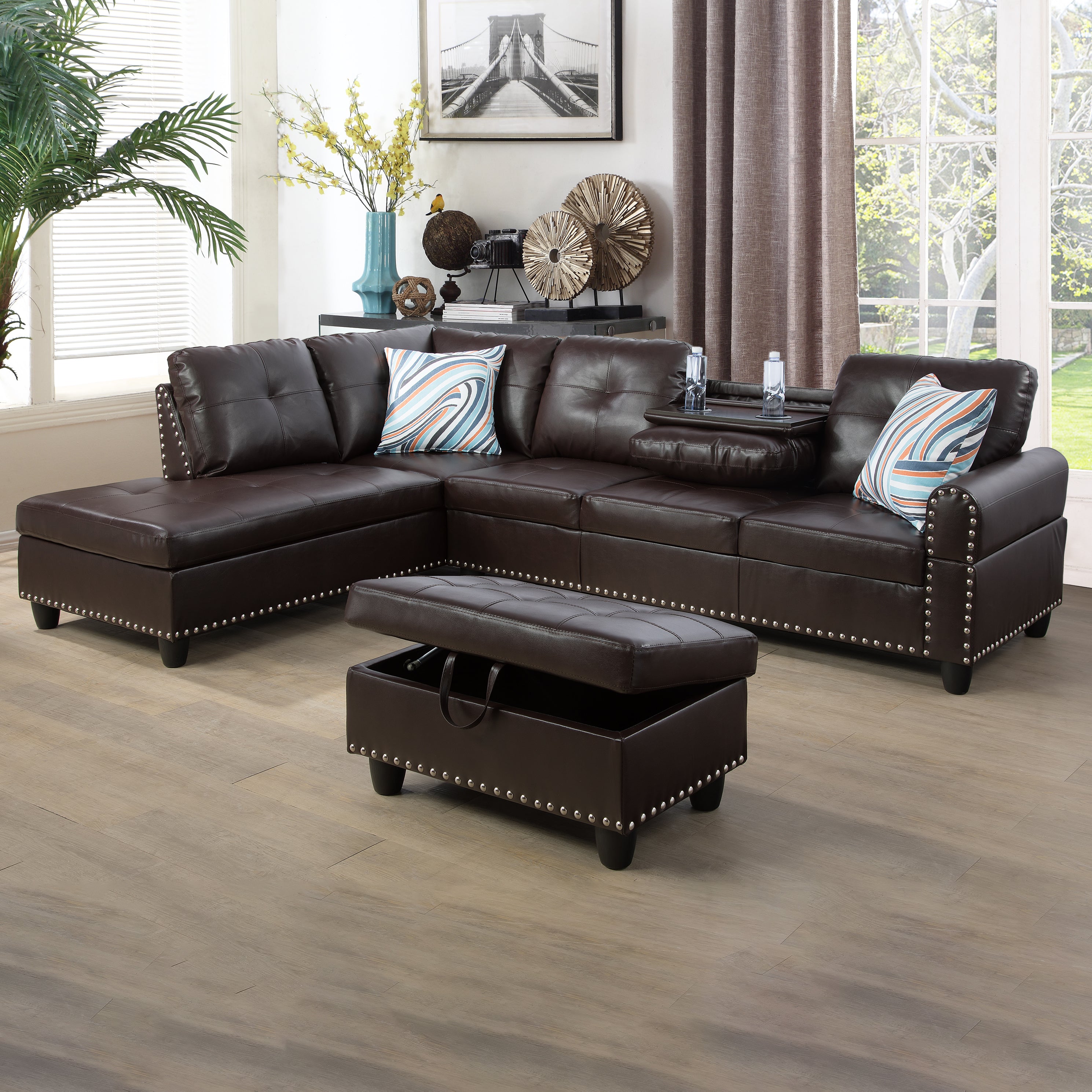 Ainehome Brown Synthetic Leather L-Shaped Living Room Sectional Sofa Set