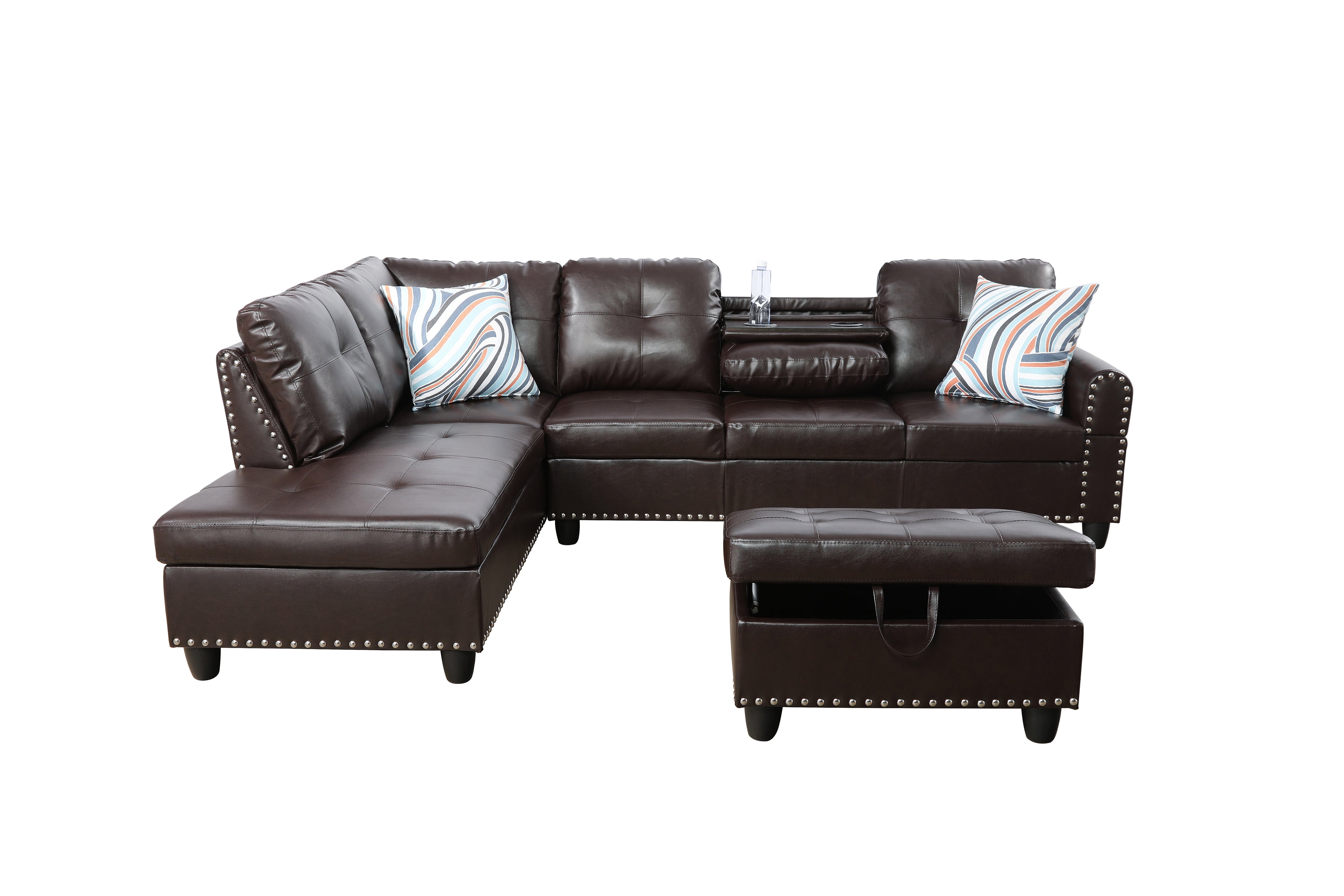 Conjunto de sofá seccional en forma de L de cuero sintético marrón de Ainehome para sala de estar