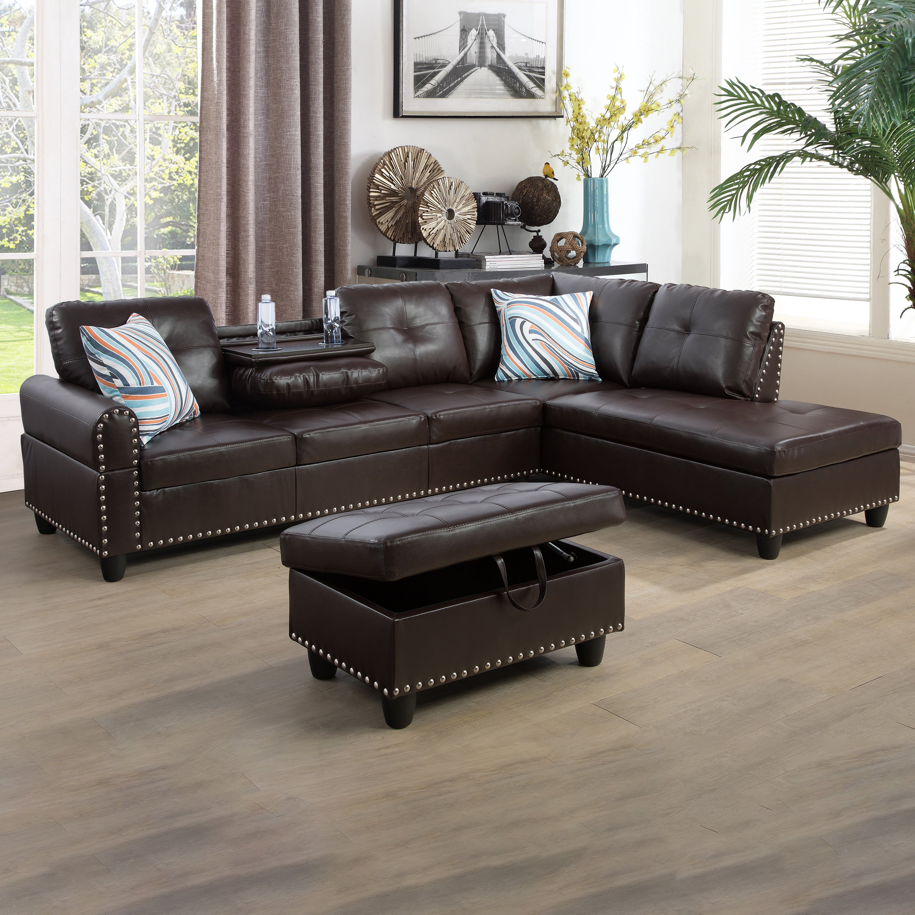 Conjunto de sofá seccional en forma de L de cuero sintético marrón de Ainehome para sala de estar