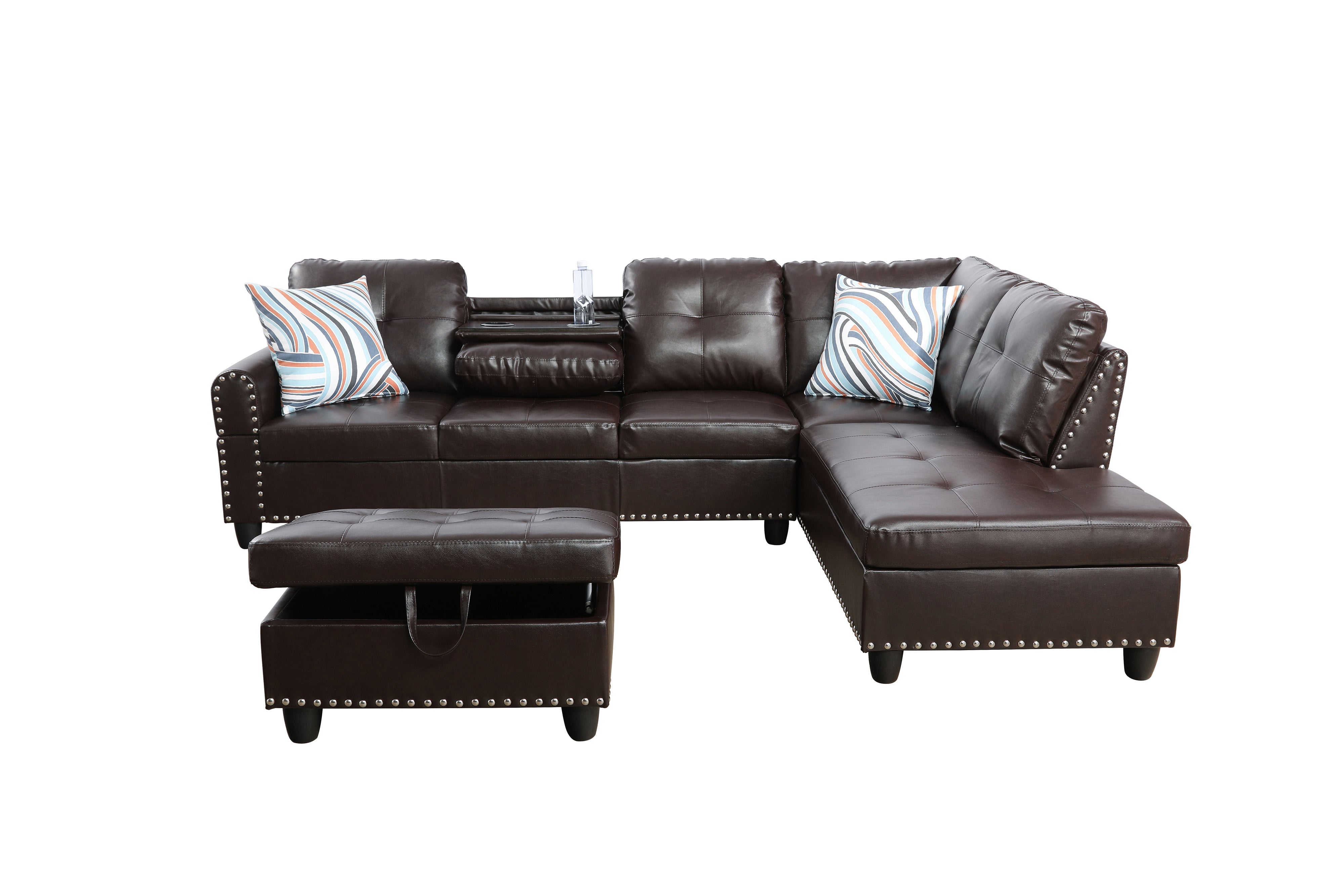 Conjunto de sofá seccional en forma de L de cuero sintético marrón de Ainehome para sala de estar