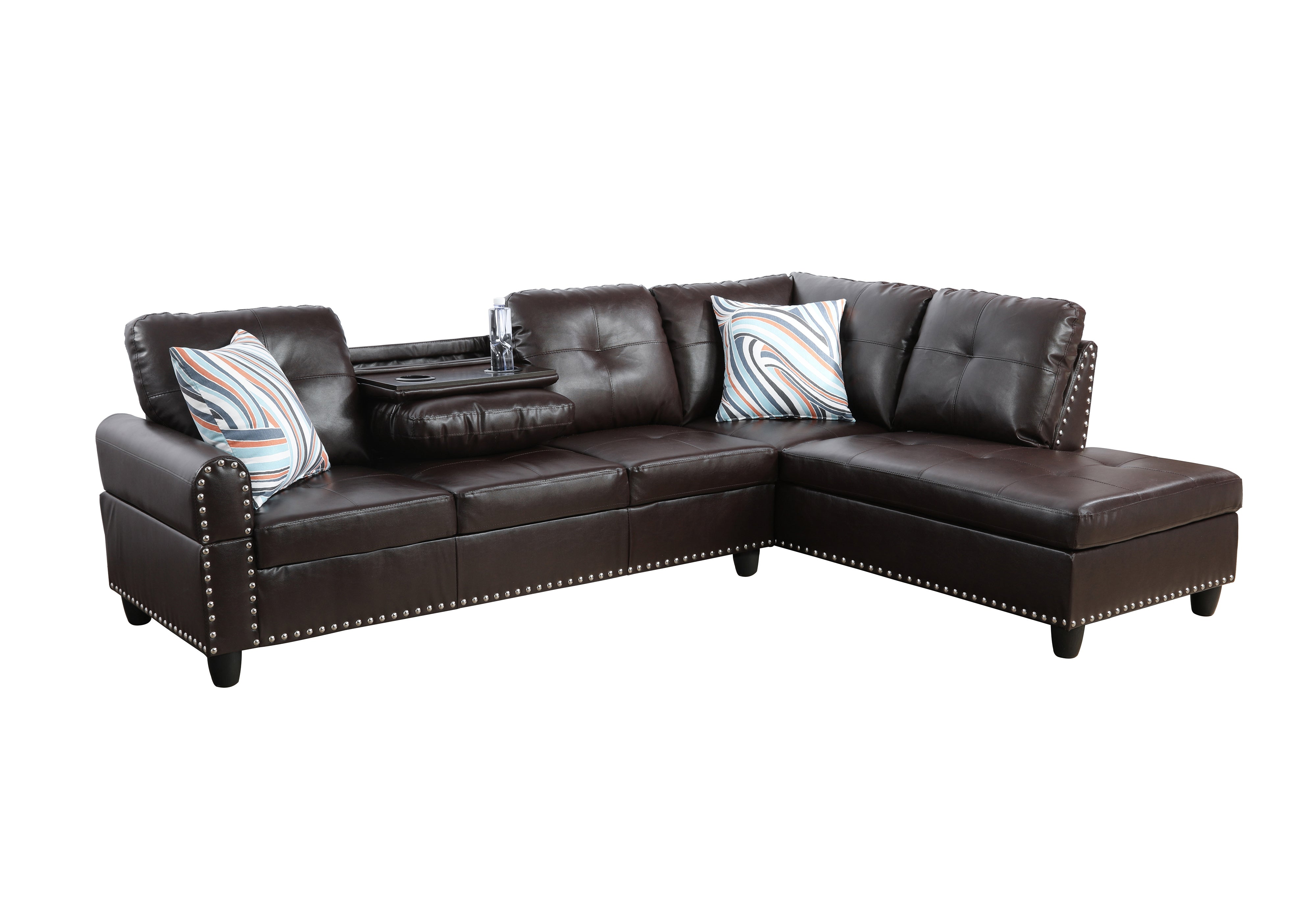 Conjunto de sofá seccional en forma de L de cuero sintético marrón de Ainehome para sala de estar