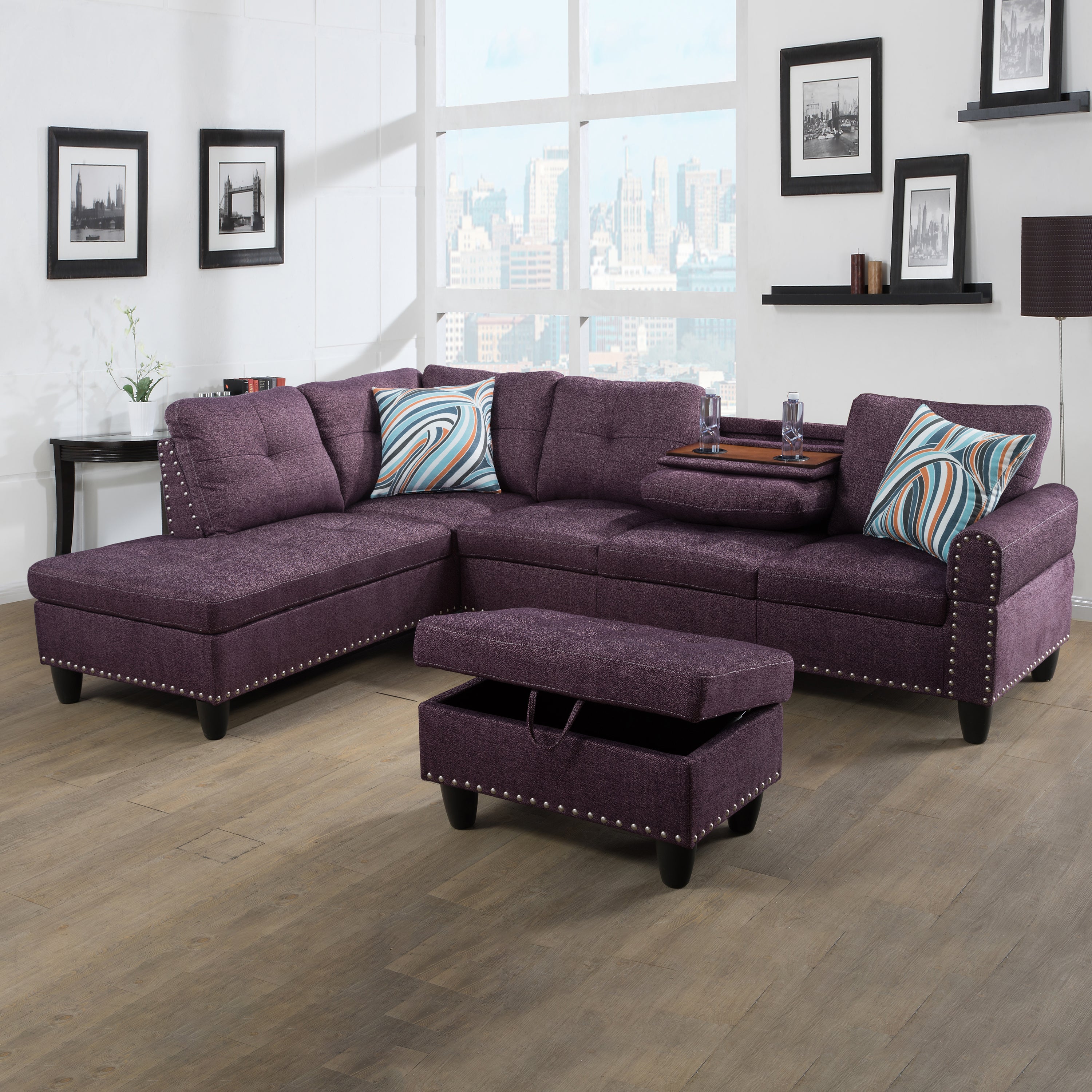 Ainehome Amaranth Linen L-Shaped Living Room Sectional Sofa Set