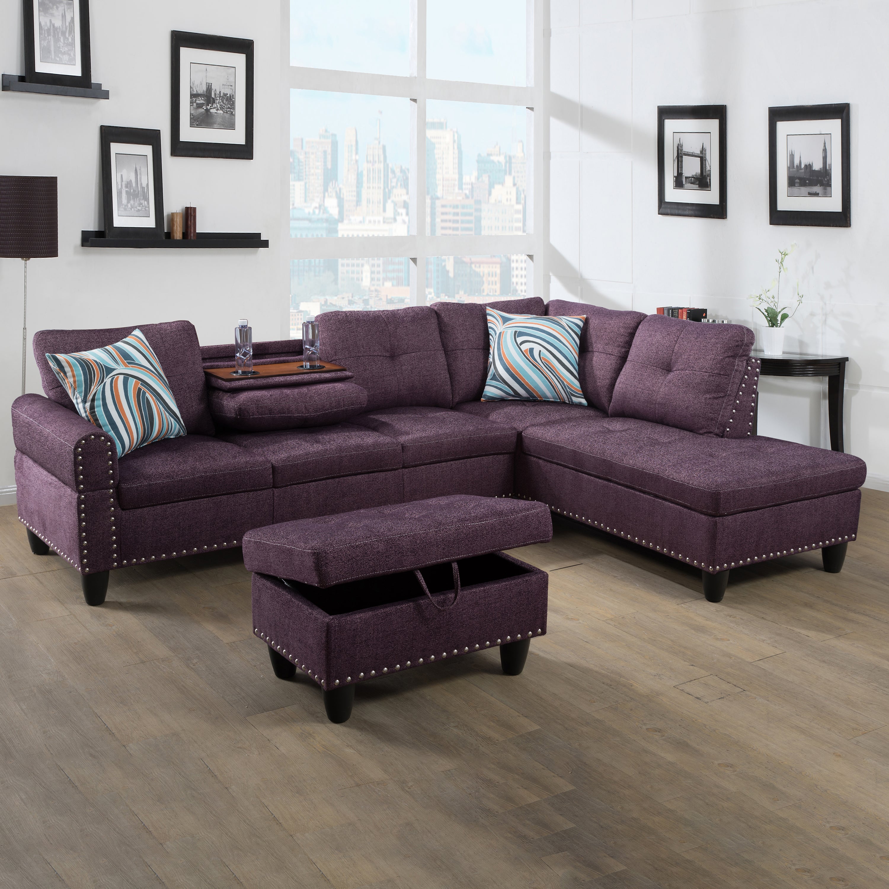 Conjunto de sofá seccional en forma de L para sala de estar de lino Amaranth de Ainehome