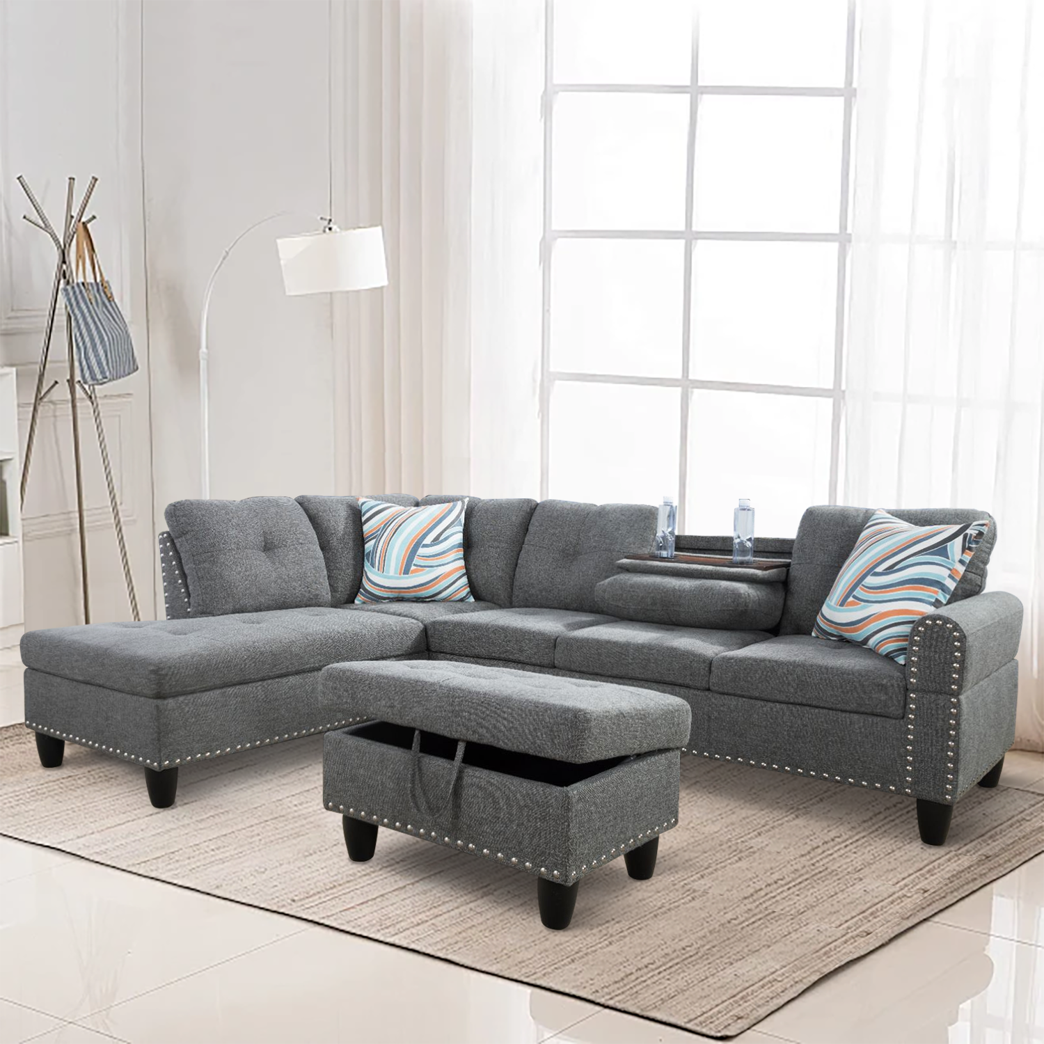 Ainehome Grey Linen L-Shaped Living Room Sectional Sofa Set