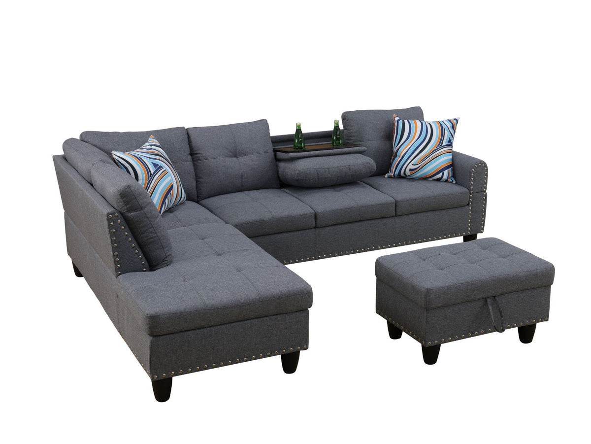 Gray Linen Modular L-Shaped Sectional Sofa with Console - product image 3