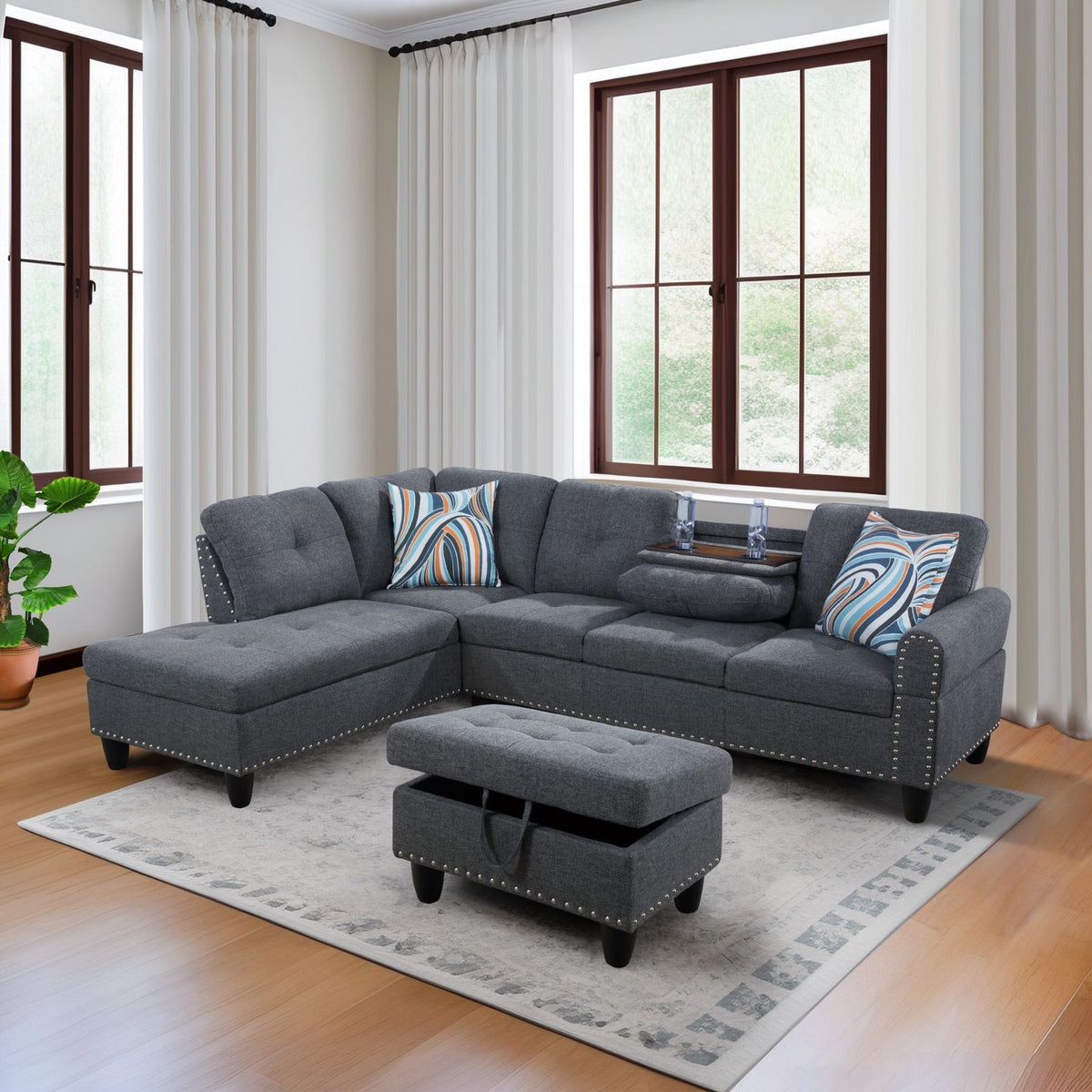 Gray Linen Modular L-Shaped Sectional Sofa with Console