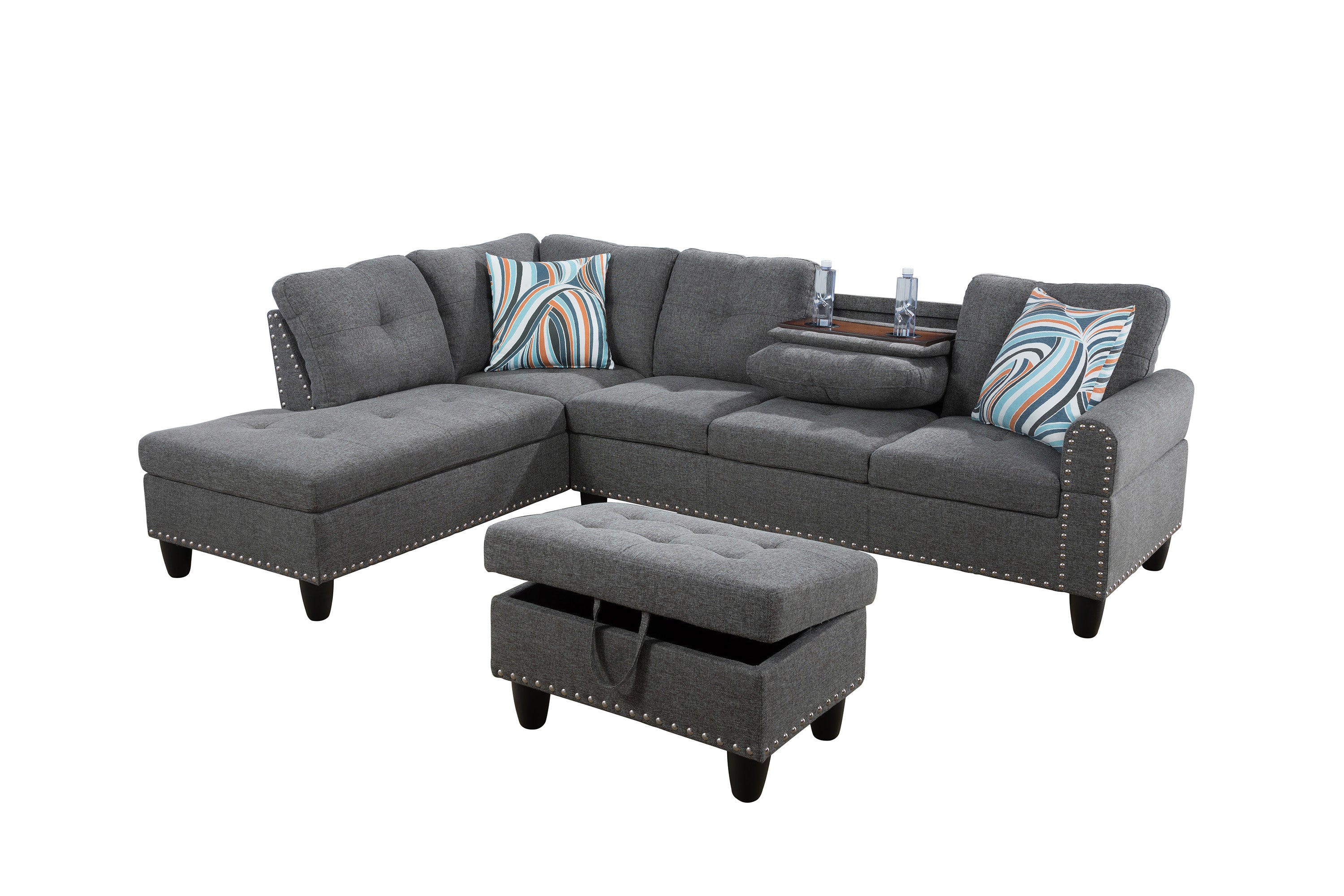 Ainehome Grey Linen L-Shaped Living Room Sectional Sofa Set