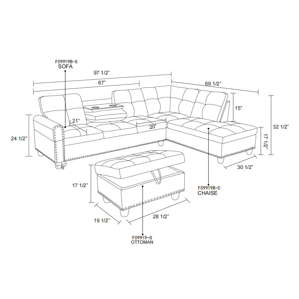 Gray Linen Modular L-Shaped Sectional Sofa with Console - product image 7